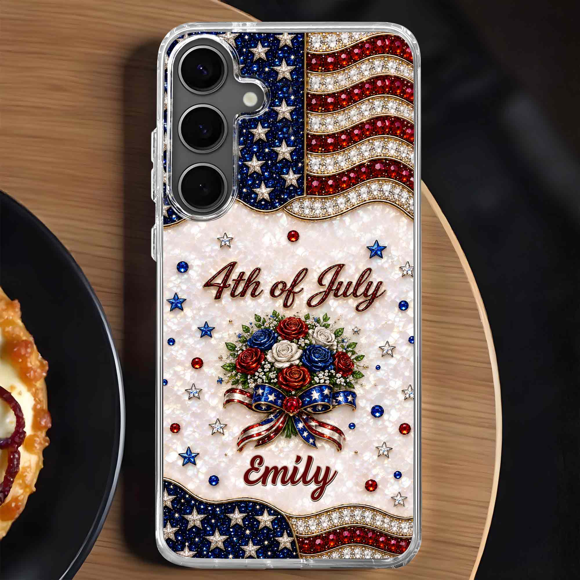 Personalized 4th of July Clear Phone Case with Name - Patriotic Flowers Gift