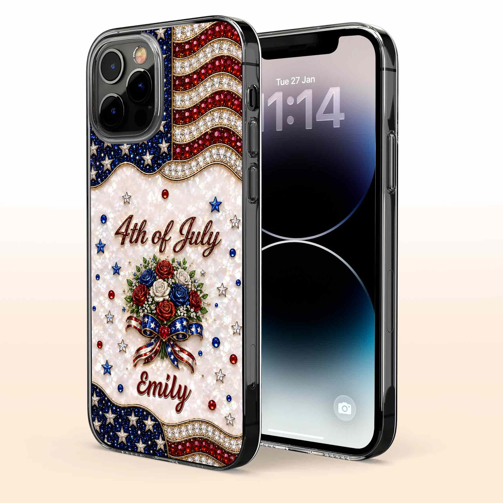 Personalized 4th of July Clear Phone Case with Name - Patriotic Flowers Gift