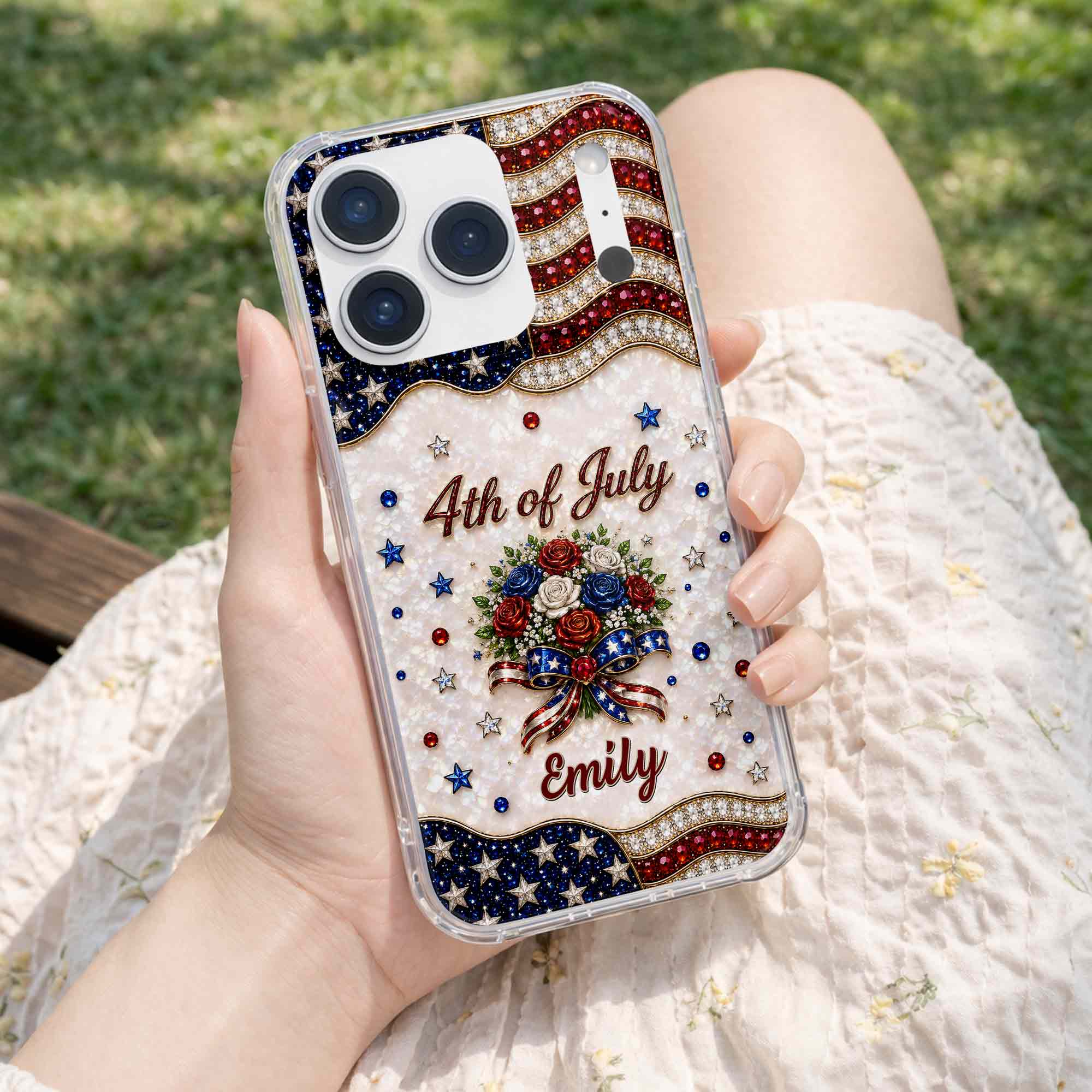 Personalized 4th of July Clear Phone Case with Name - Patriotic Flowers Gift