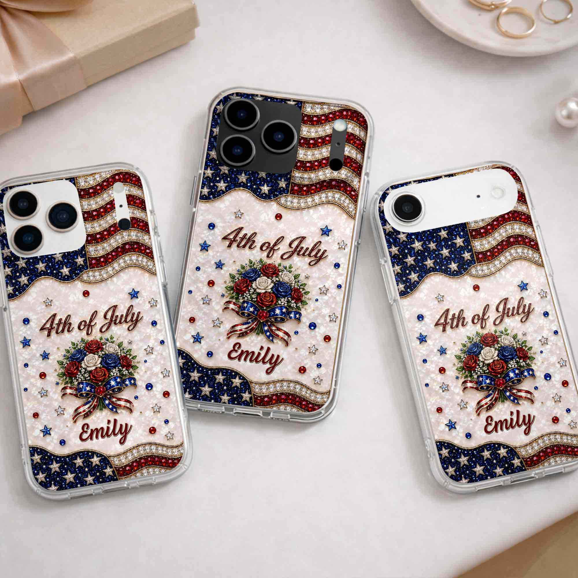Personalized 4th of July Clear Phone Case with Name - Patriotic Flowers Gift