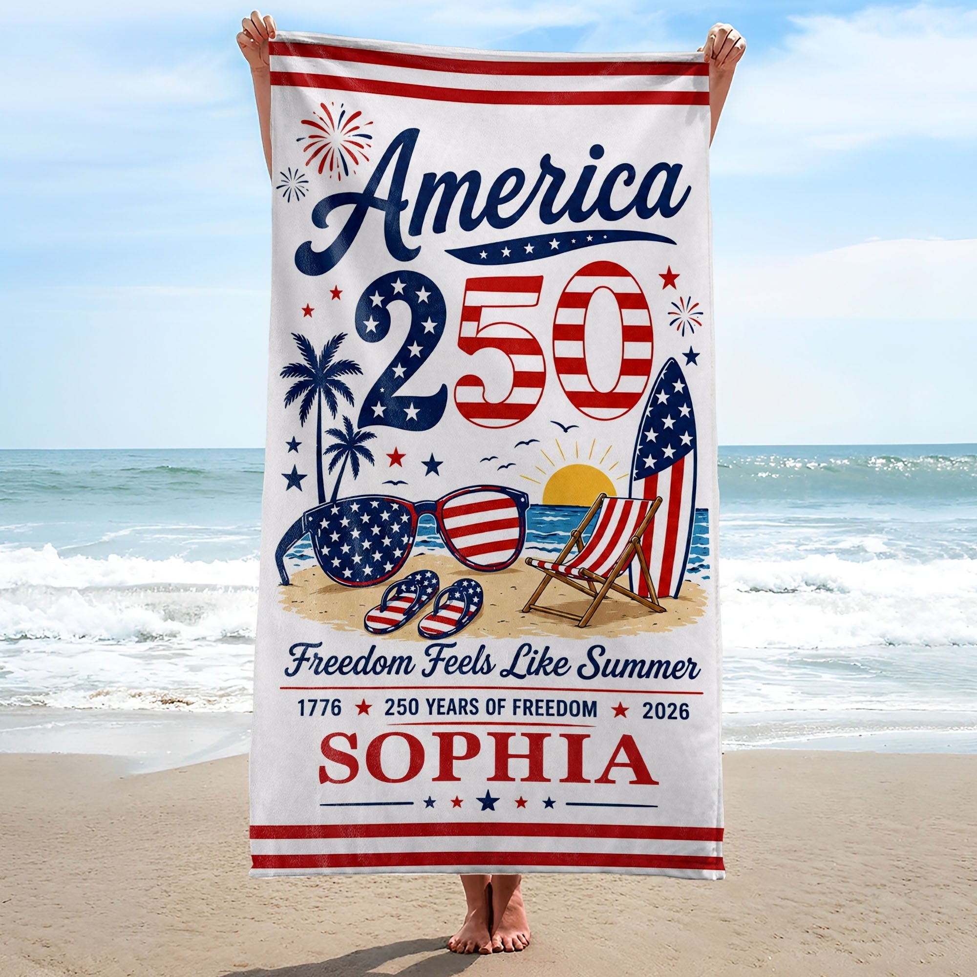 Personalized Microfiber Beach Towel Custom Name Patriotic Gift for 4th of July
