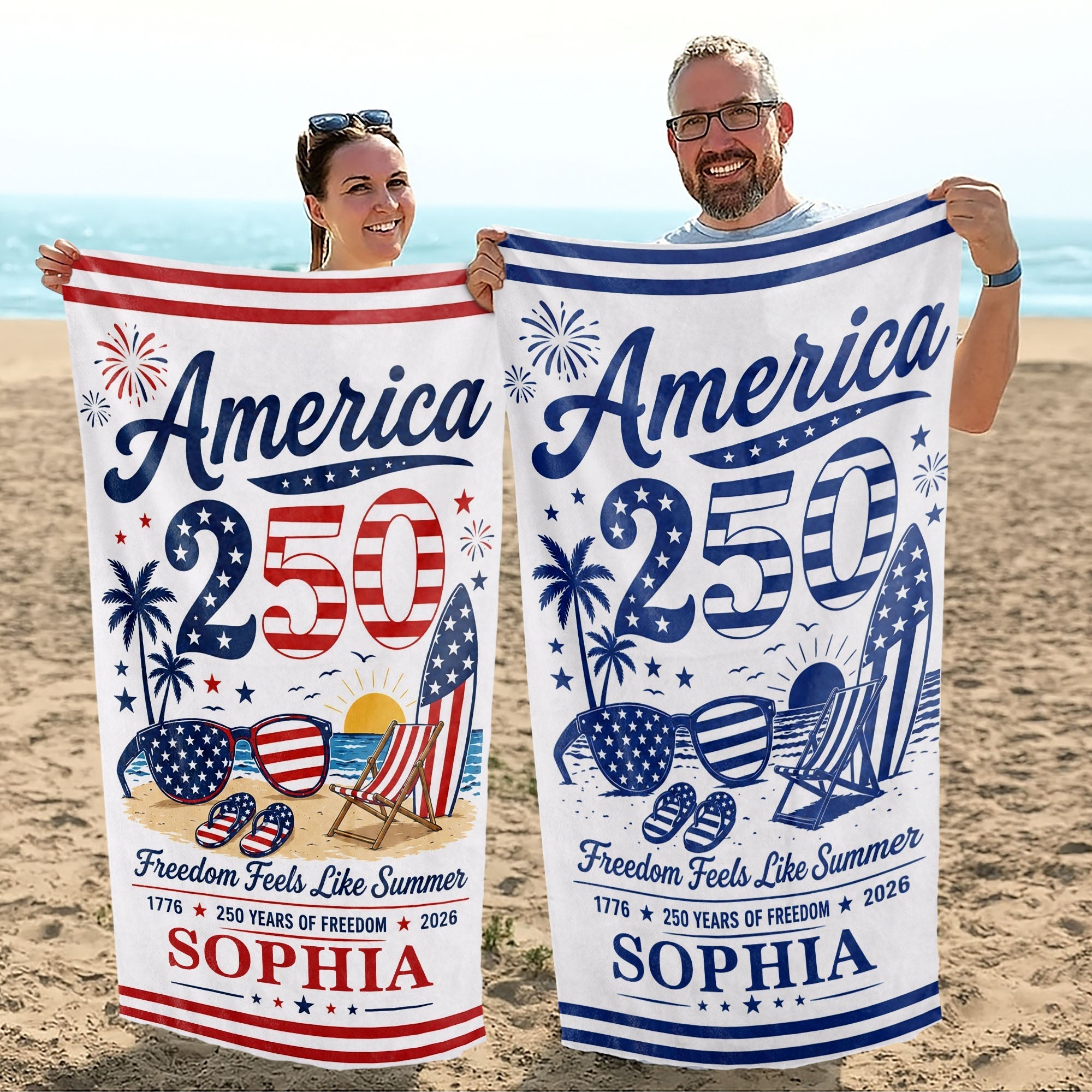 Personalized Microfiber Beach Towel Custom Name Patriotic Gift for 4th of July