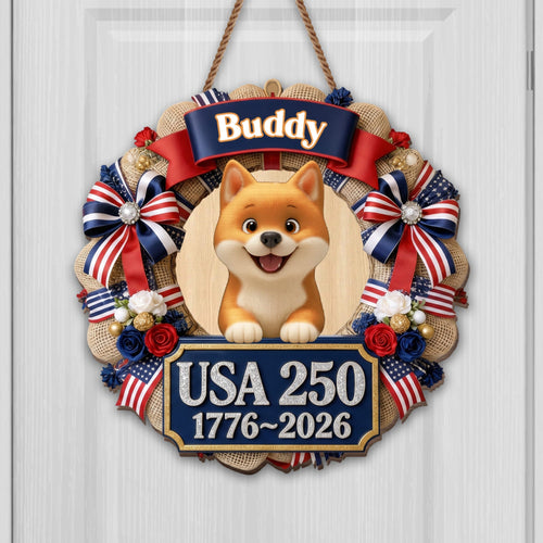 Personalized Dog Wreath Wall Sign Custom Name USA Flag Gift