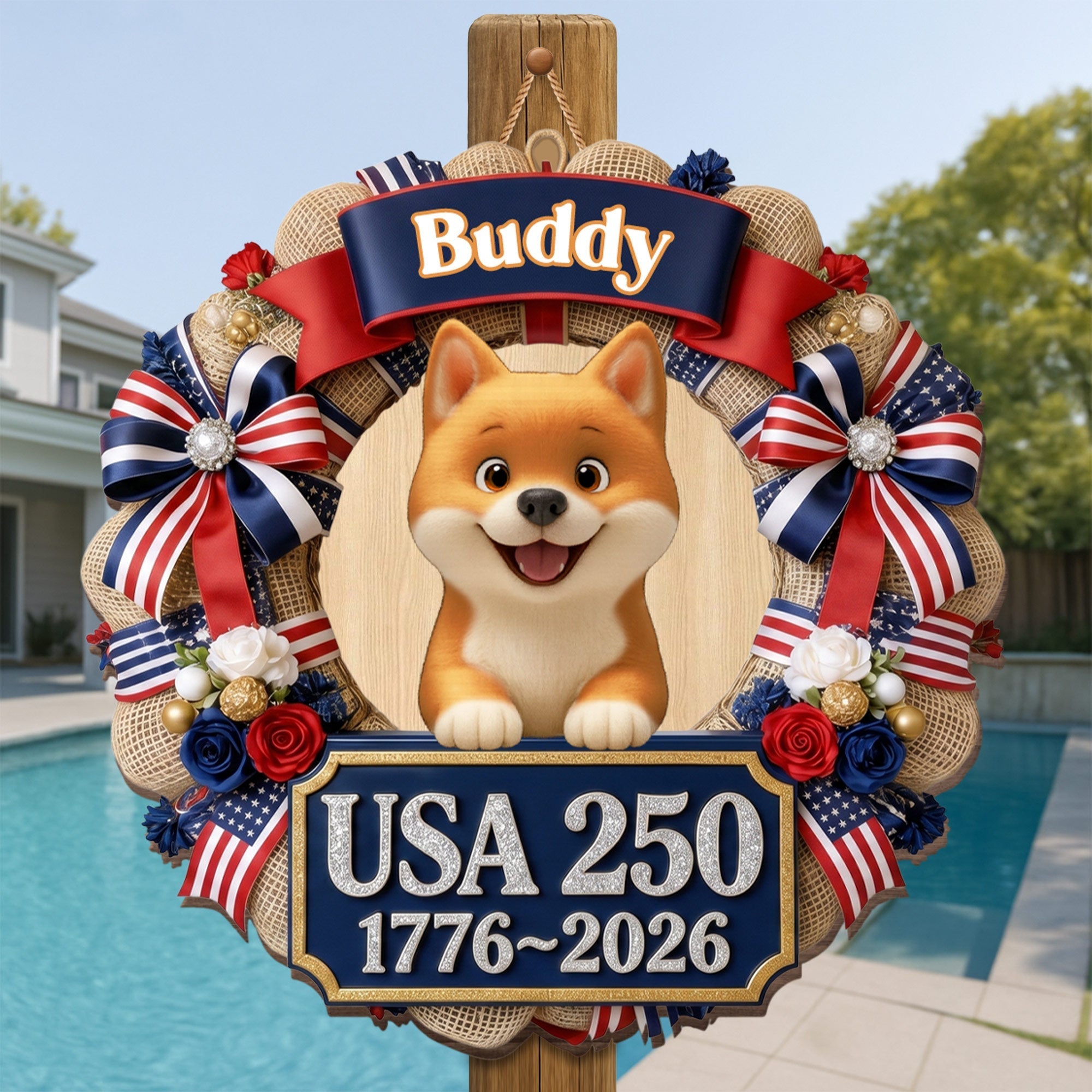 Personalized Dog Wreath Wall Sign Custom Name USA Flag Gift