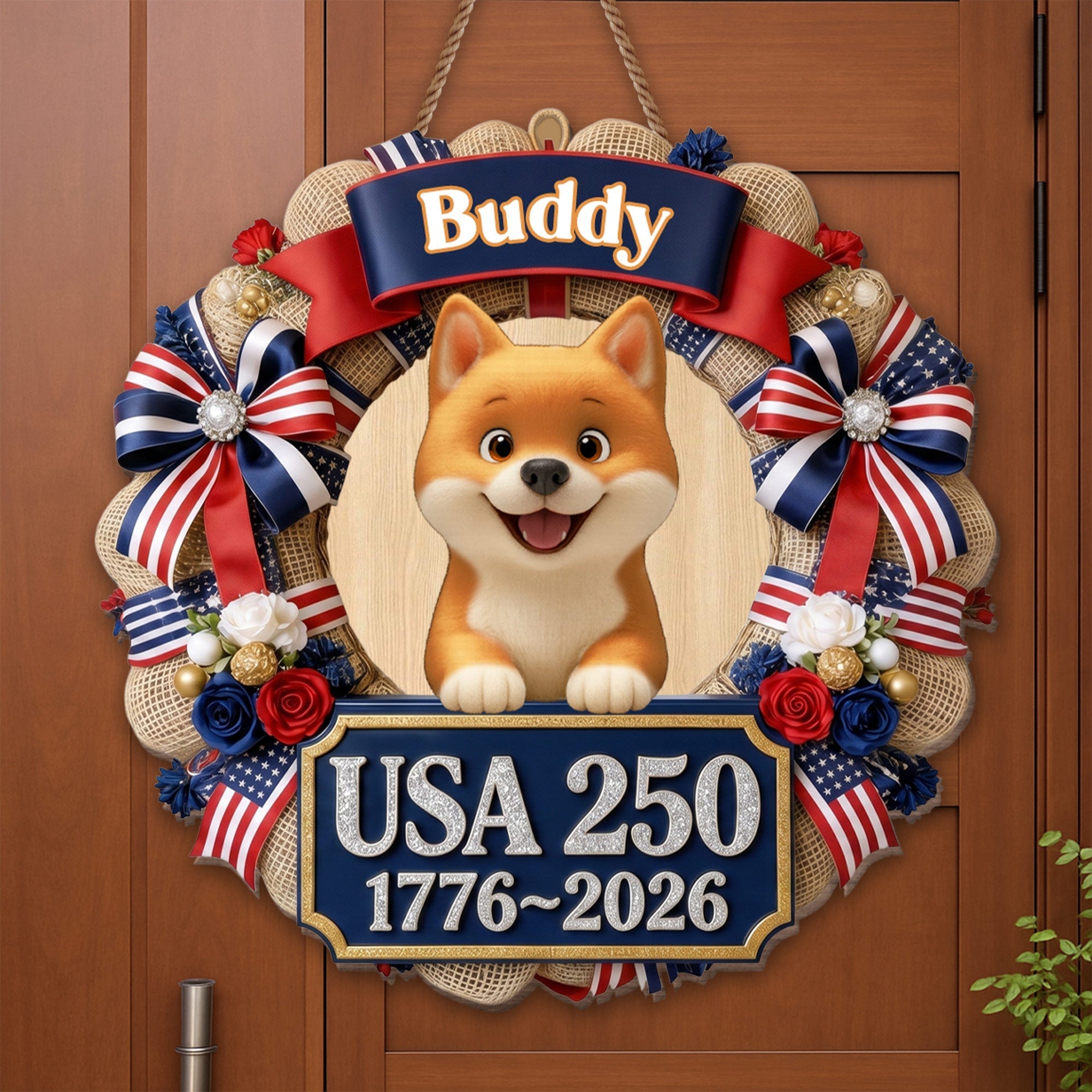 Personalized Dog Wreath Wall Sign Custom Name USA Flag Gift