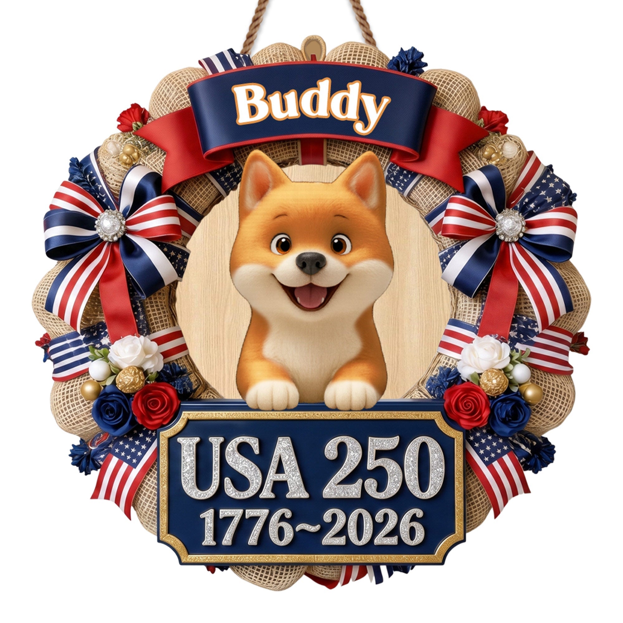 Personalized Dog Wreath Wall Sign Custom Name USA Flag Gift