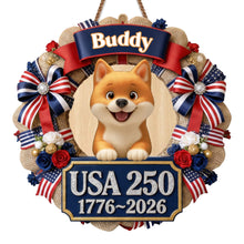 Load image into Gallery viewer, Personalized Dog Wreath Wall Sign Custom Name USA Flag Gift

