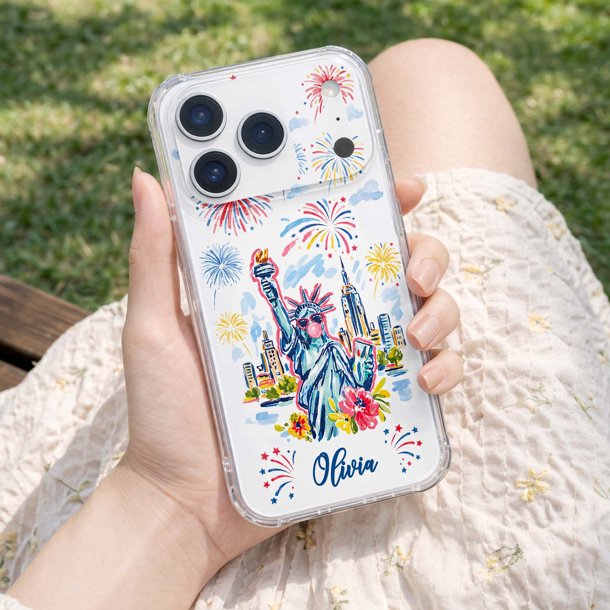 Personalized Clear Phone Case Independence Day Gift with Fireworks