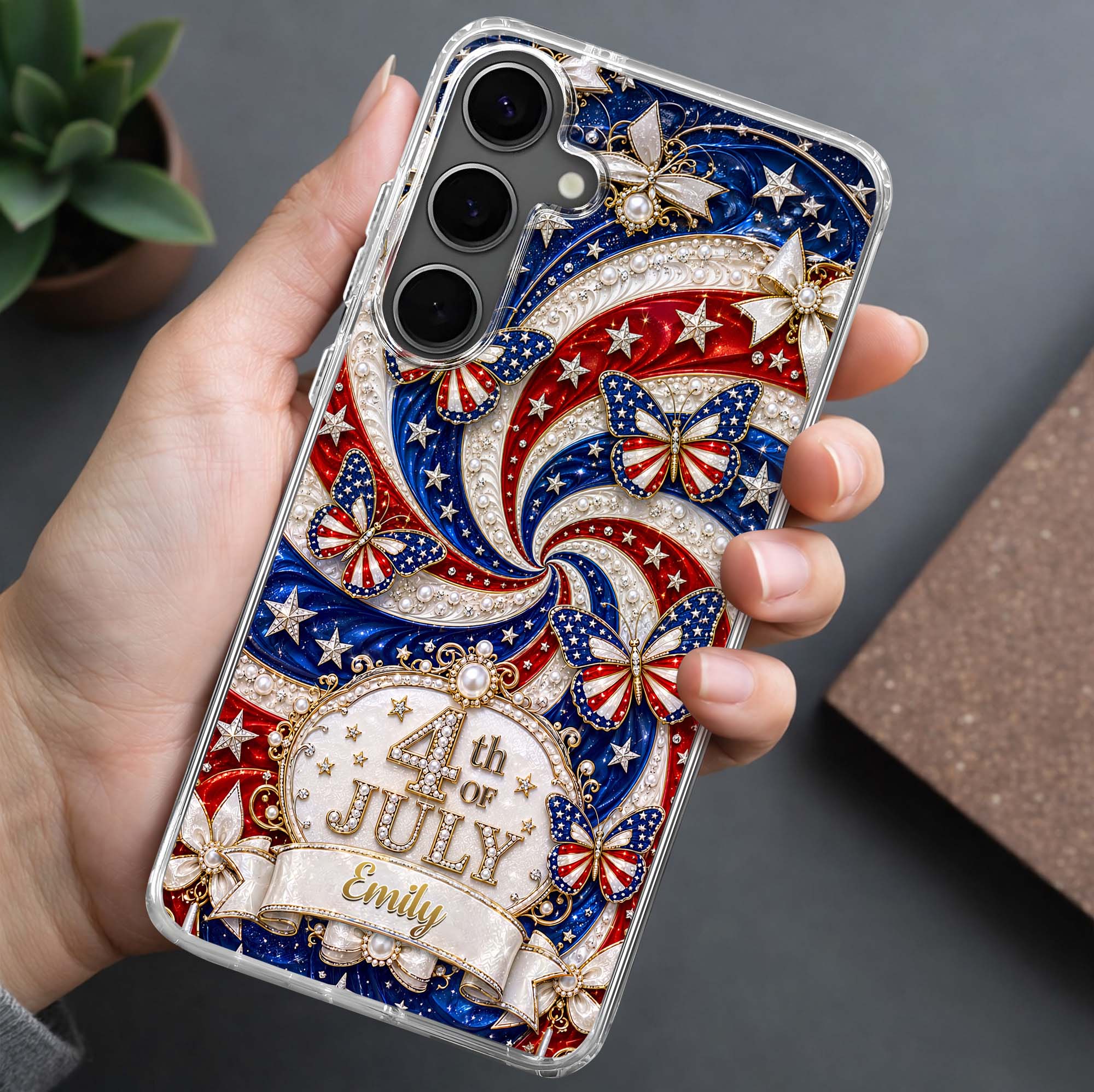 Personalized Clear Phone Case with American Flag Design for 4th of July