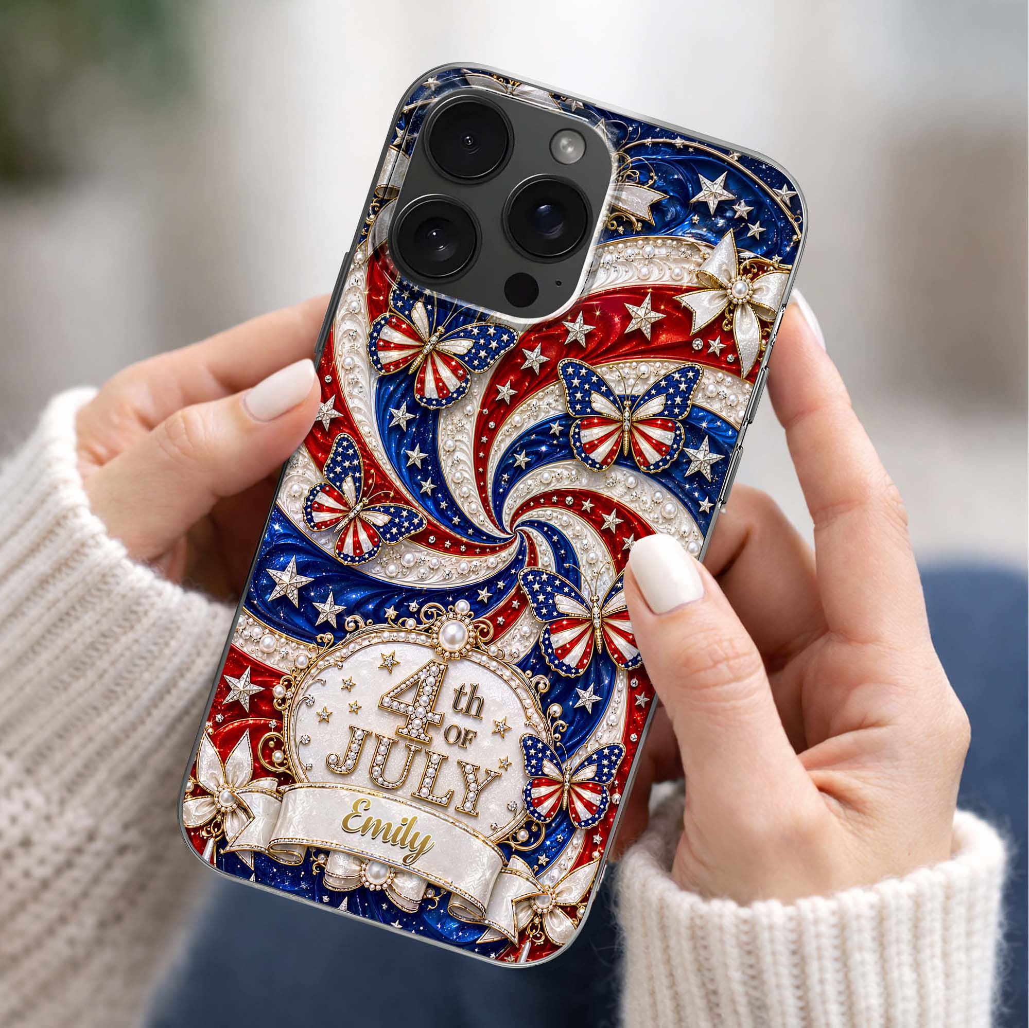 Personalized Clear Phone Case with American Flag Design for 4th of July