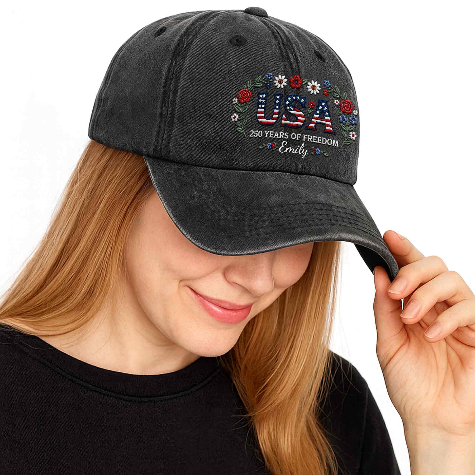 Personalized Washed Denim Cap USA Flag Gift for Independence Day