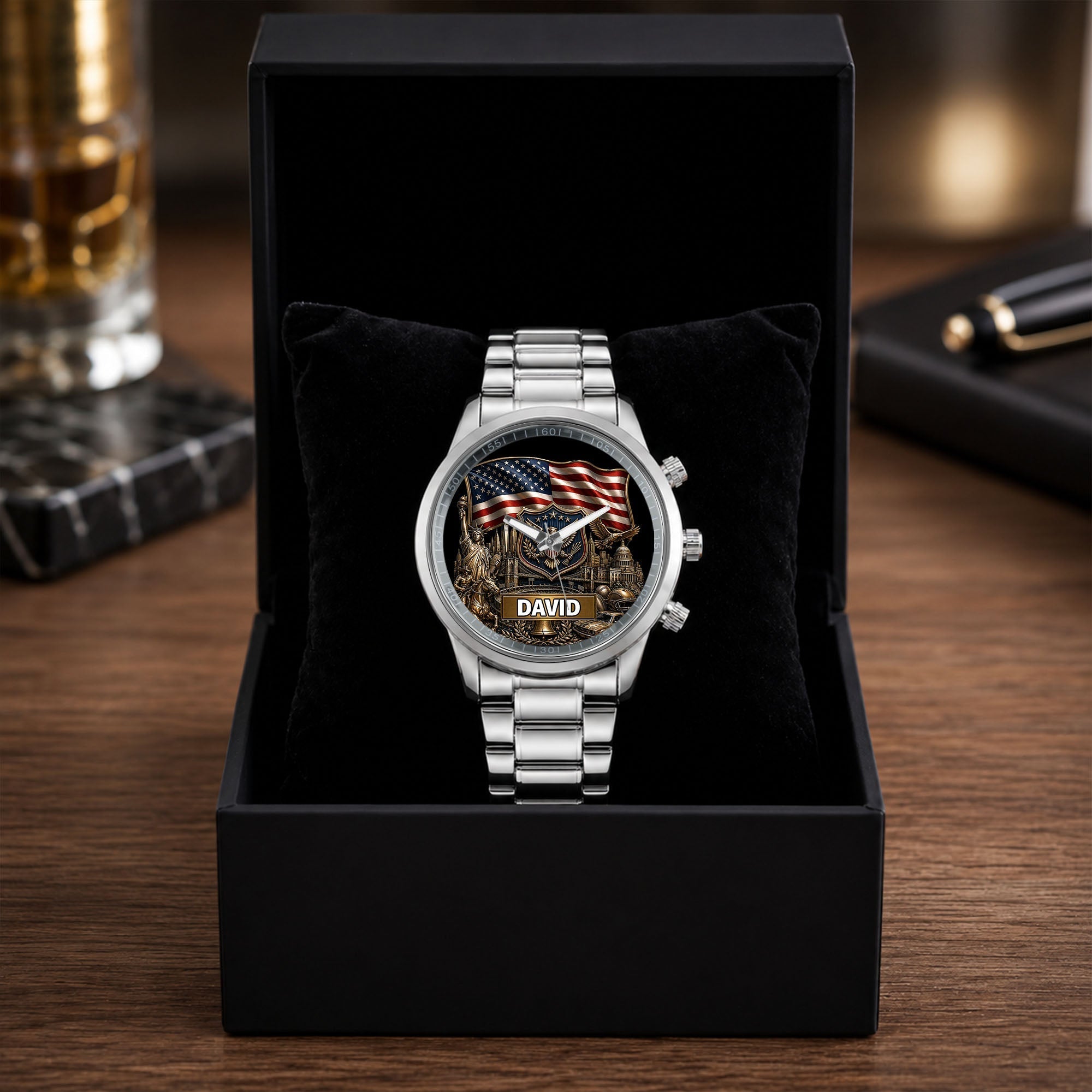 Personalized American Flag Men's Watch Custom Name Gift for Dad