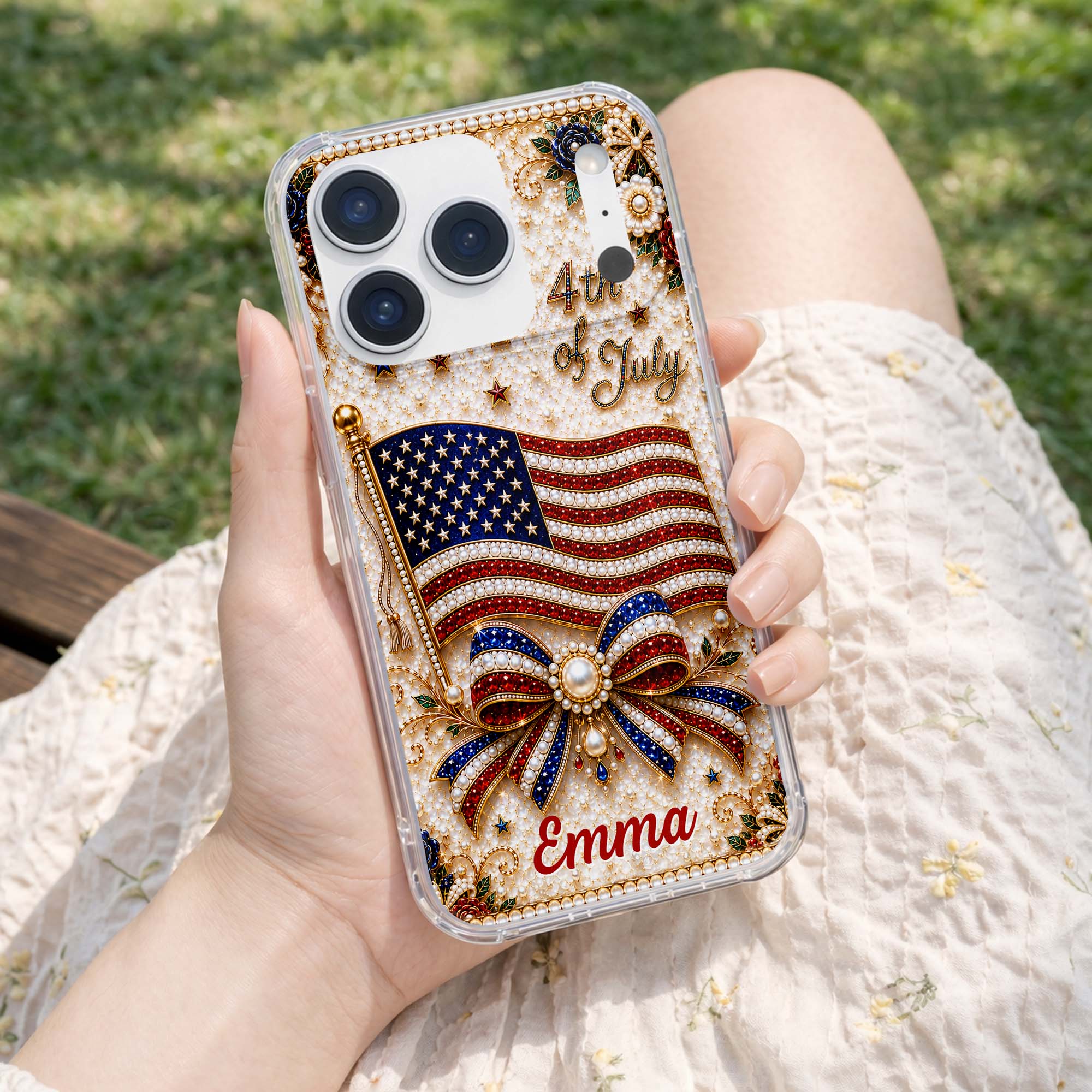 Personalized Clear Phone Case American Flag Gift for Her