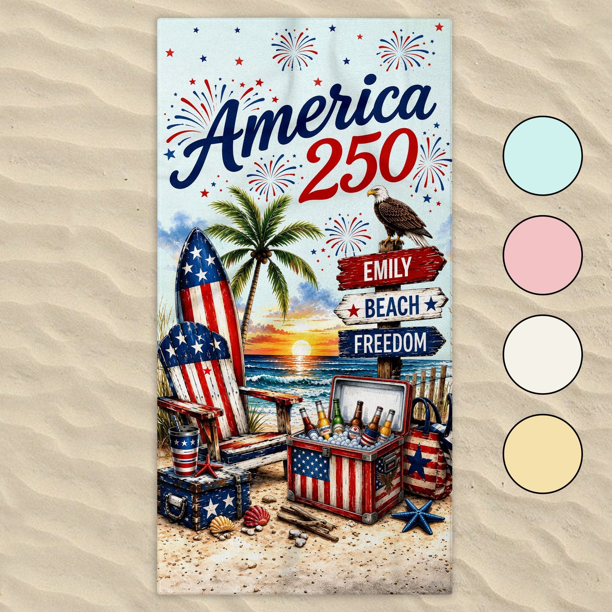Personalized Beach Towel Custom Name Eagle Fireworks Gift