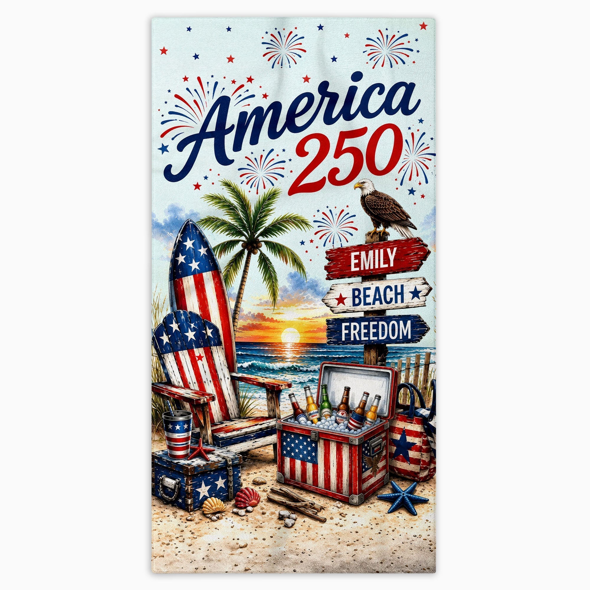 Personalized Beach Towel Custom Name Eagle Fireworks Gift