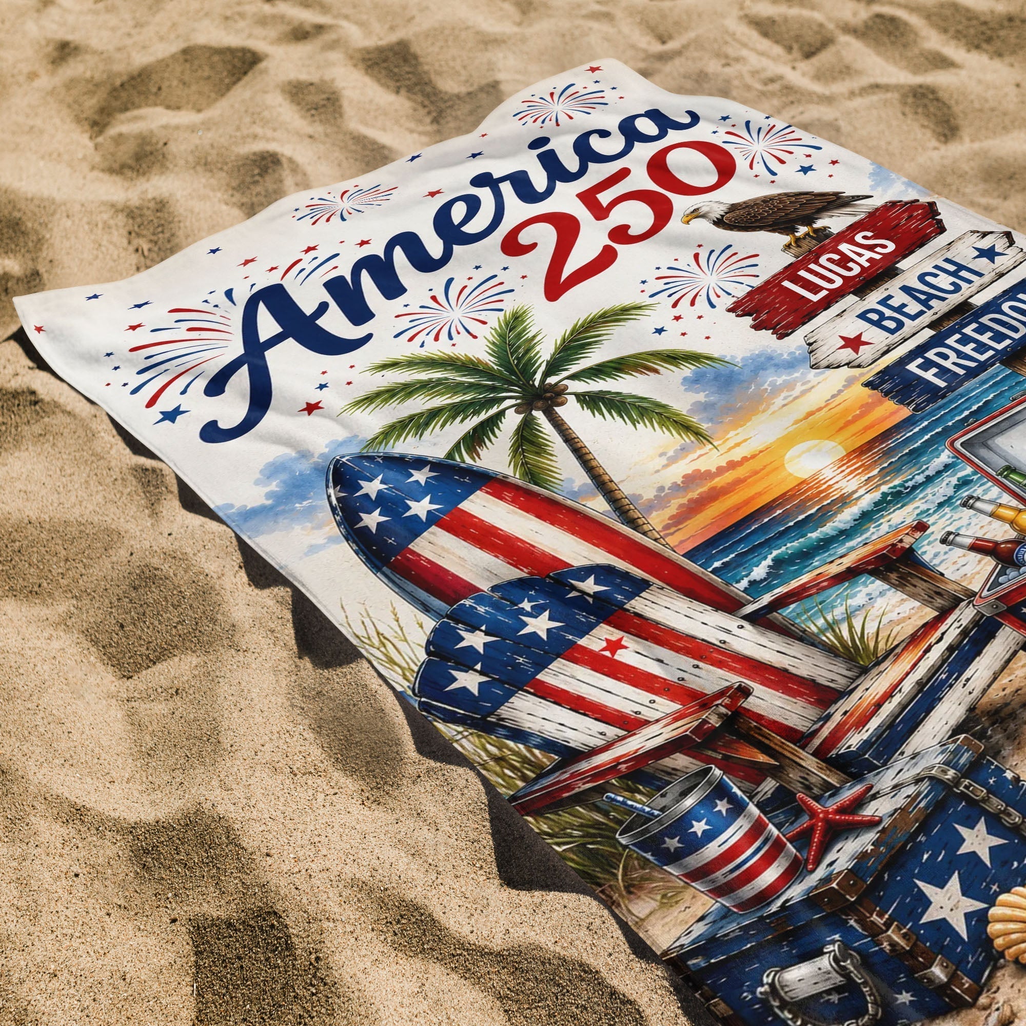 Personalized Beach Towel Custom Name Eagle Fireworks Gift