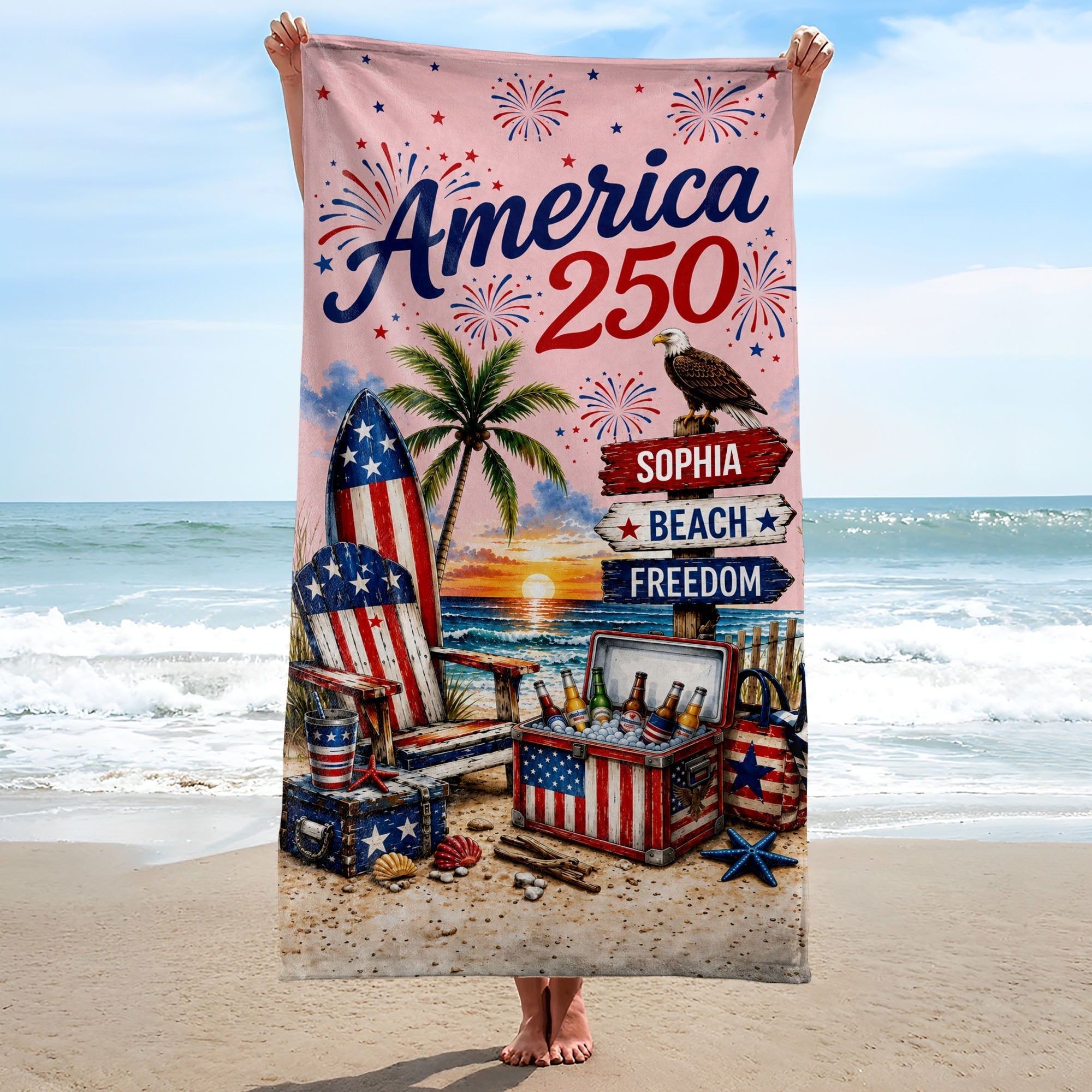 Personalized Beach Towel Custom Name Eagle Fireworks Gift