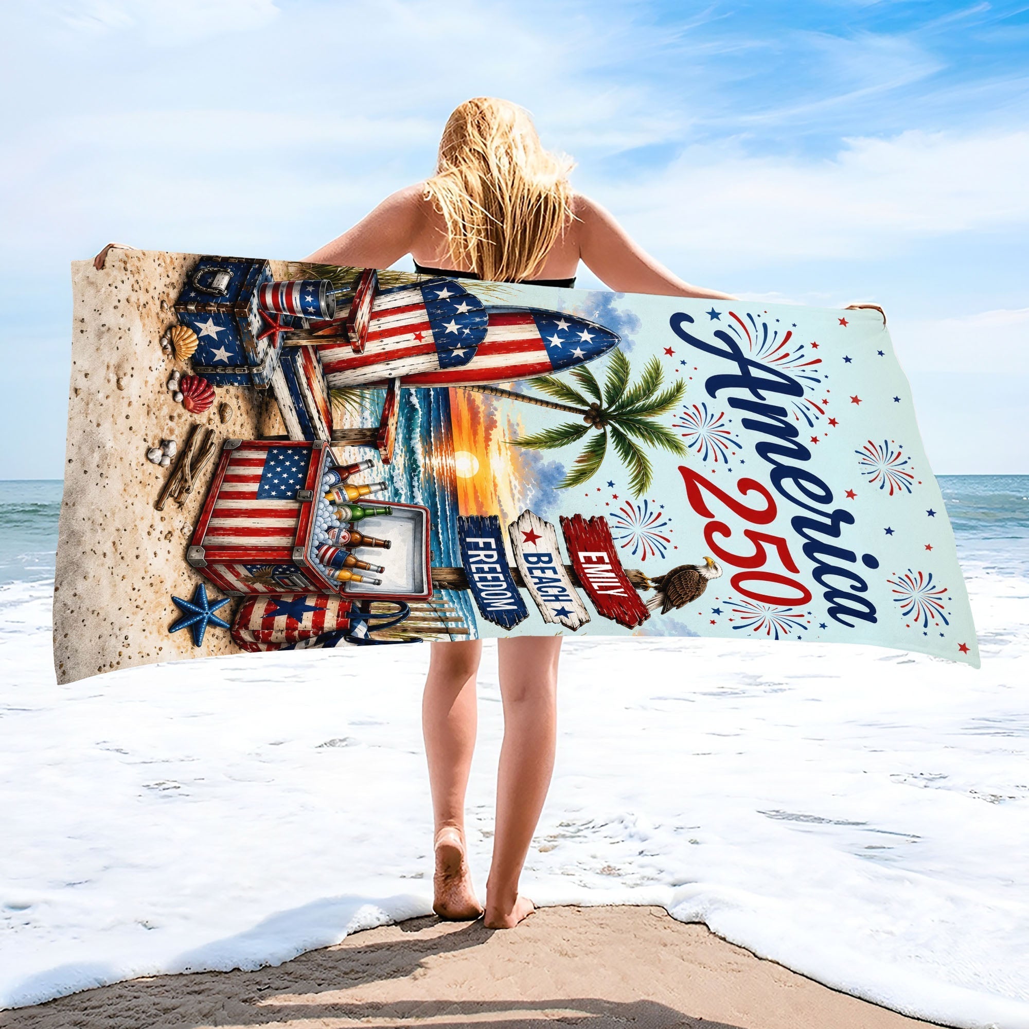 Personalized Beach Towel Custom Name Eagle Fireworks Gift