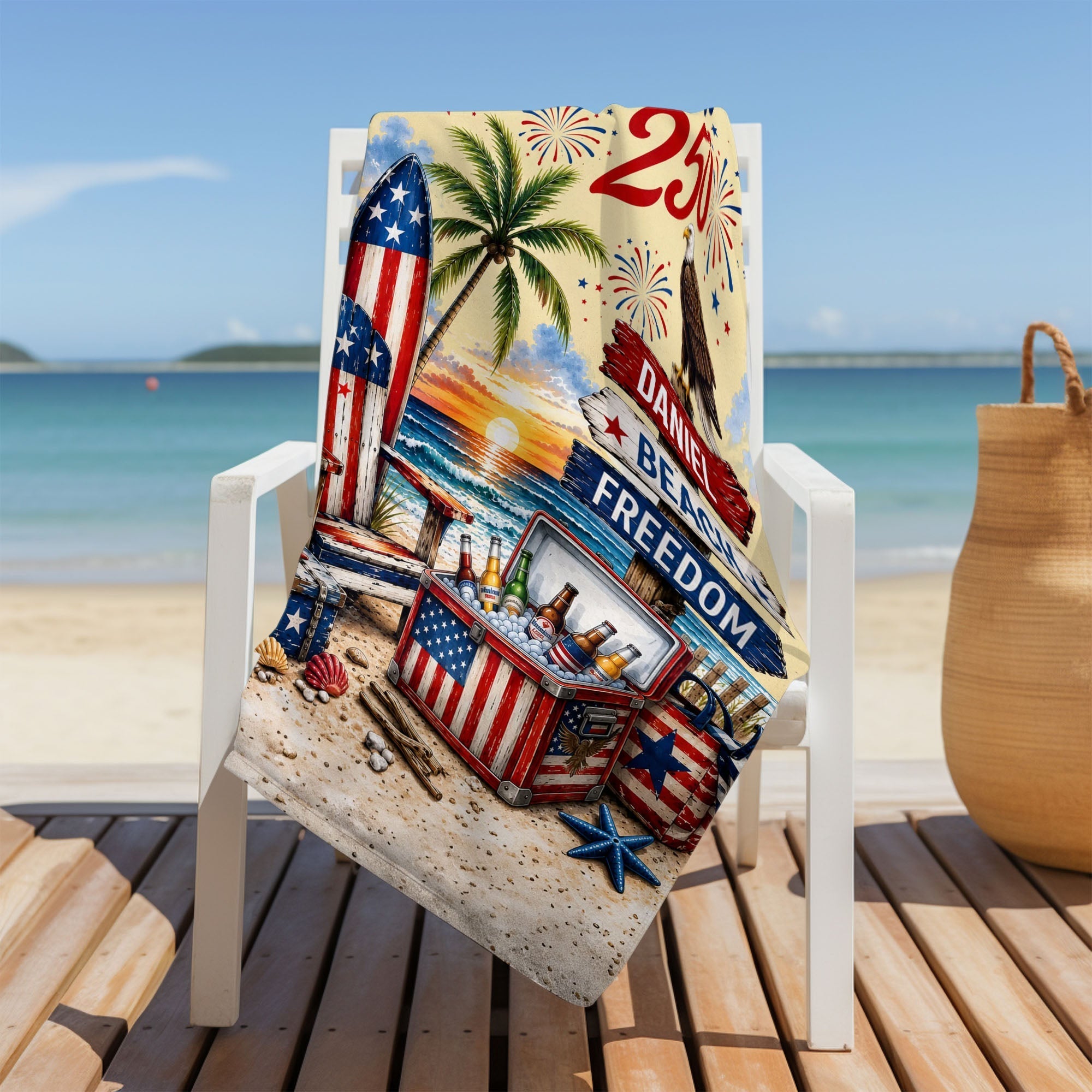 Personalized Beach Towel Custom Name Eagle Fireworks Gift