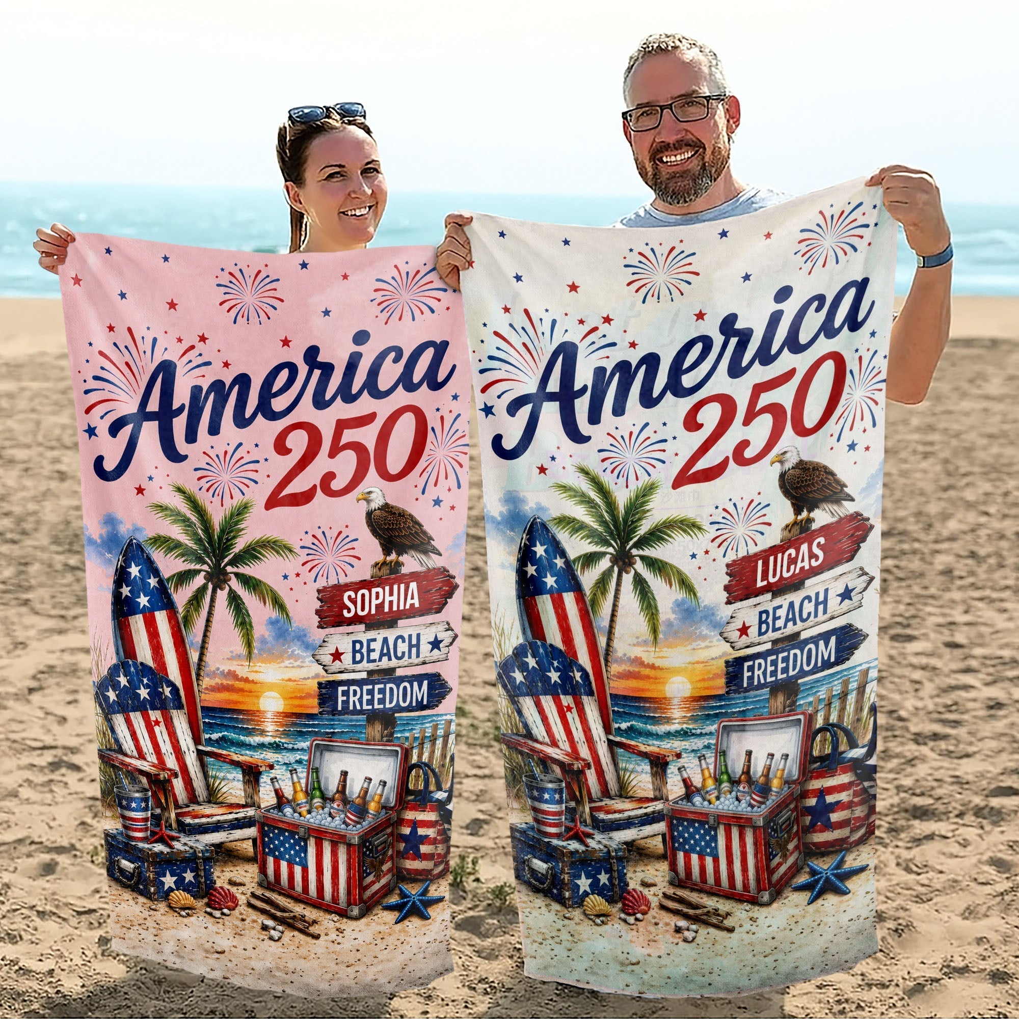 Personalized Beach Towel Custom Name Eagle Fireworks Gift