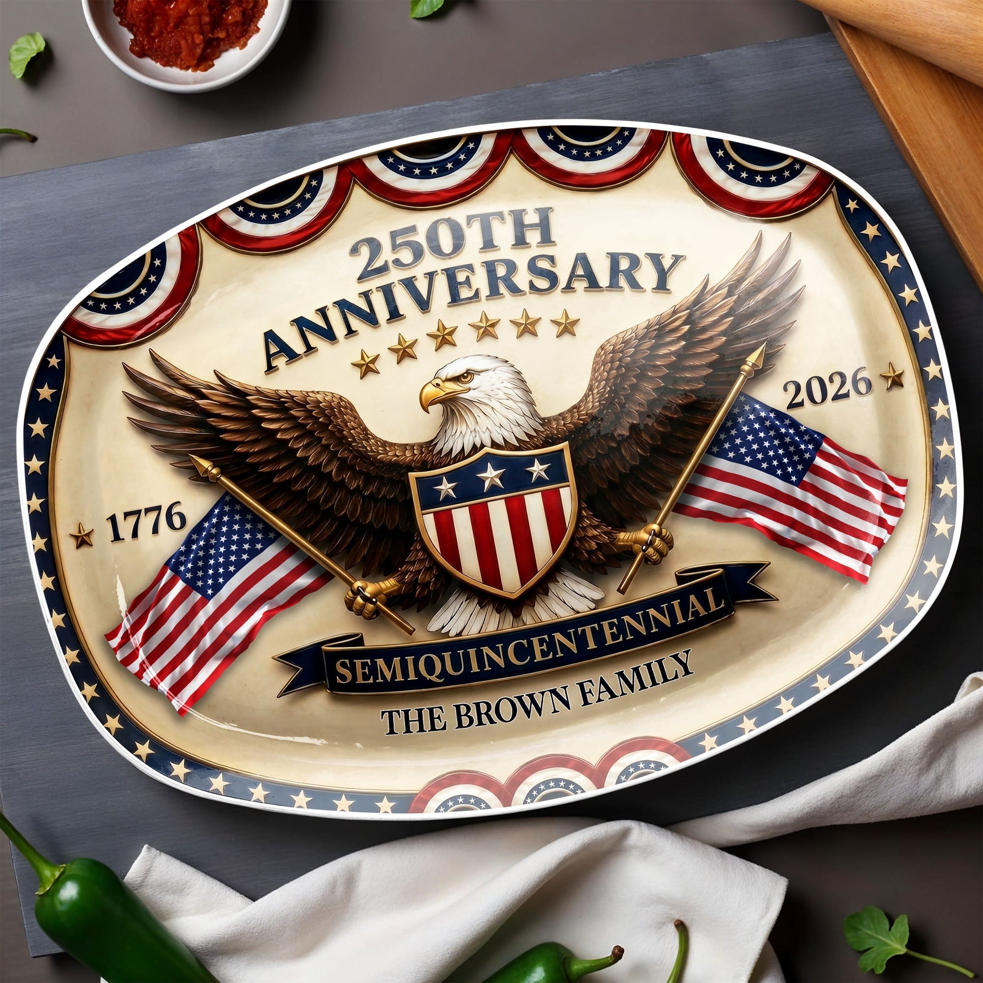 Personalized 250th Anniversary Custom Plate with Bald Eagle & Flags Gift for Family