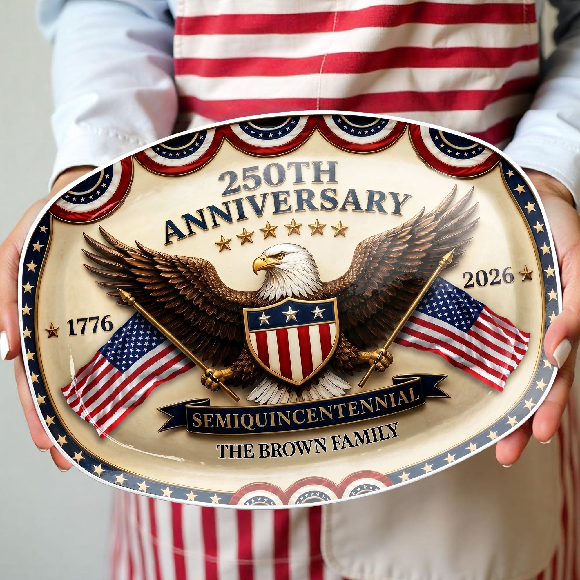Personalized 250th Anniversary Custom Plate with Bald Eagle & Flags Gift for Family