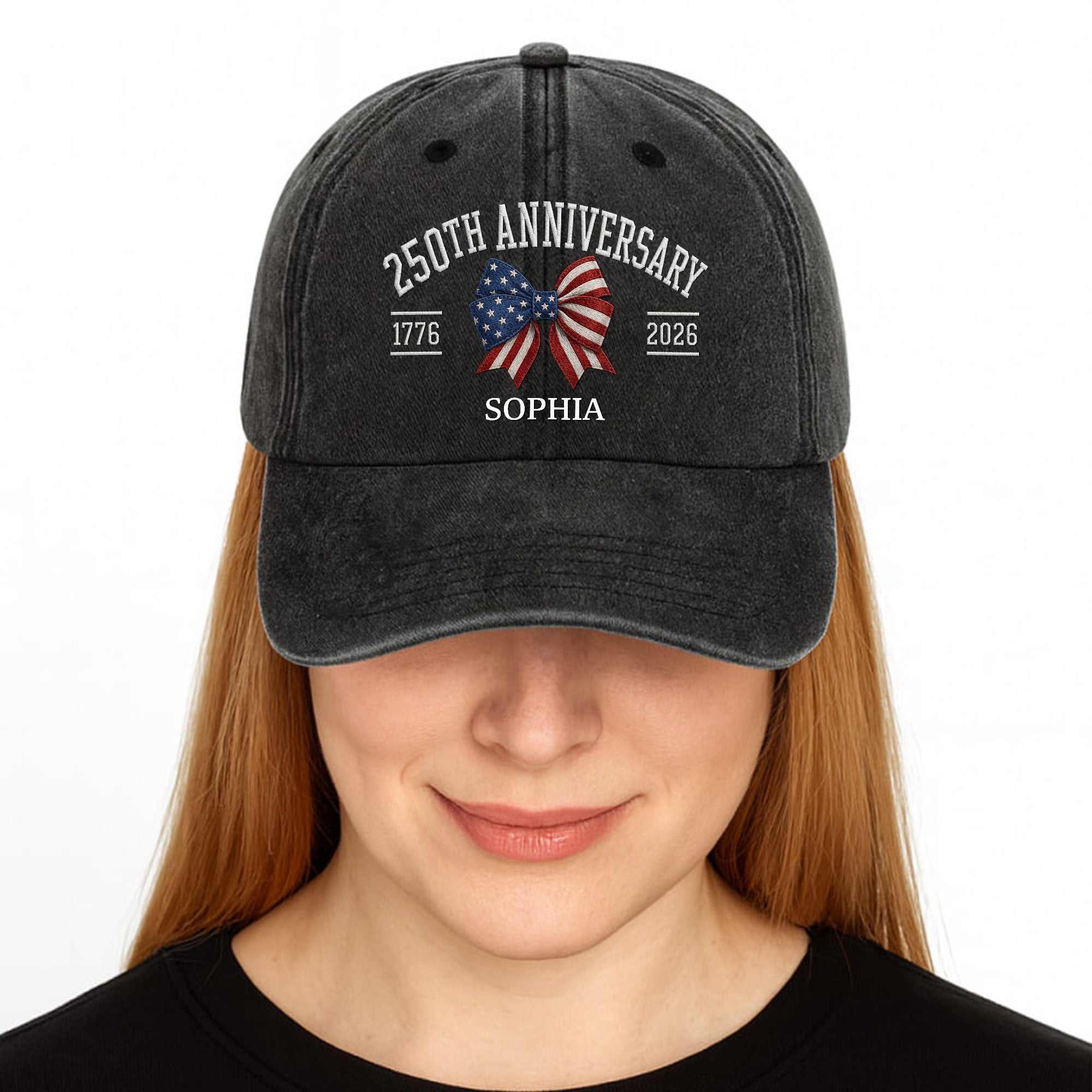 Personalized American Flag Bow Washed Denim Cap for 4th of July Gift