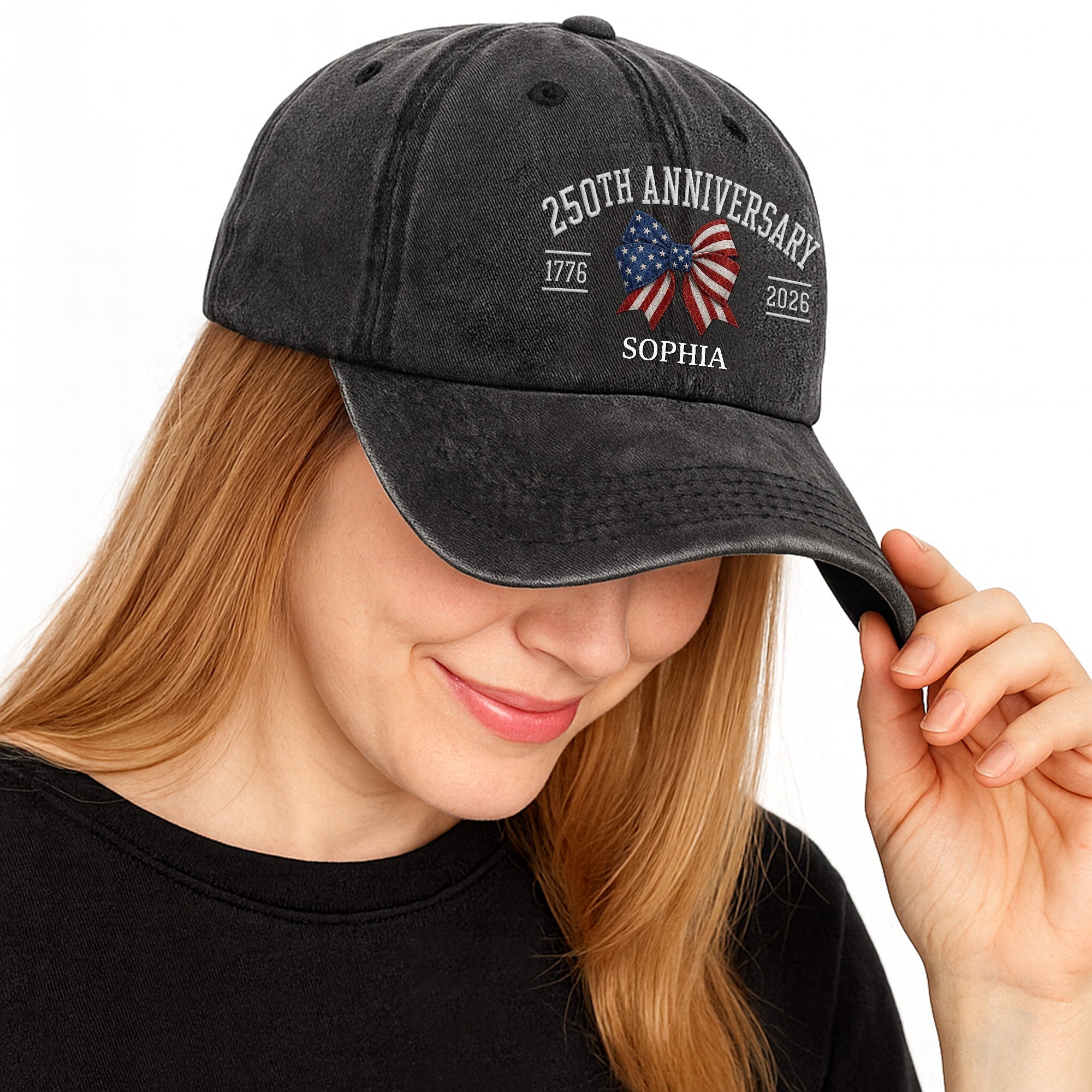 Personalized American Flag Bow Washed Denim Cap for 4th of July Gift