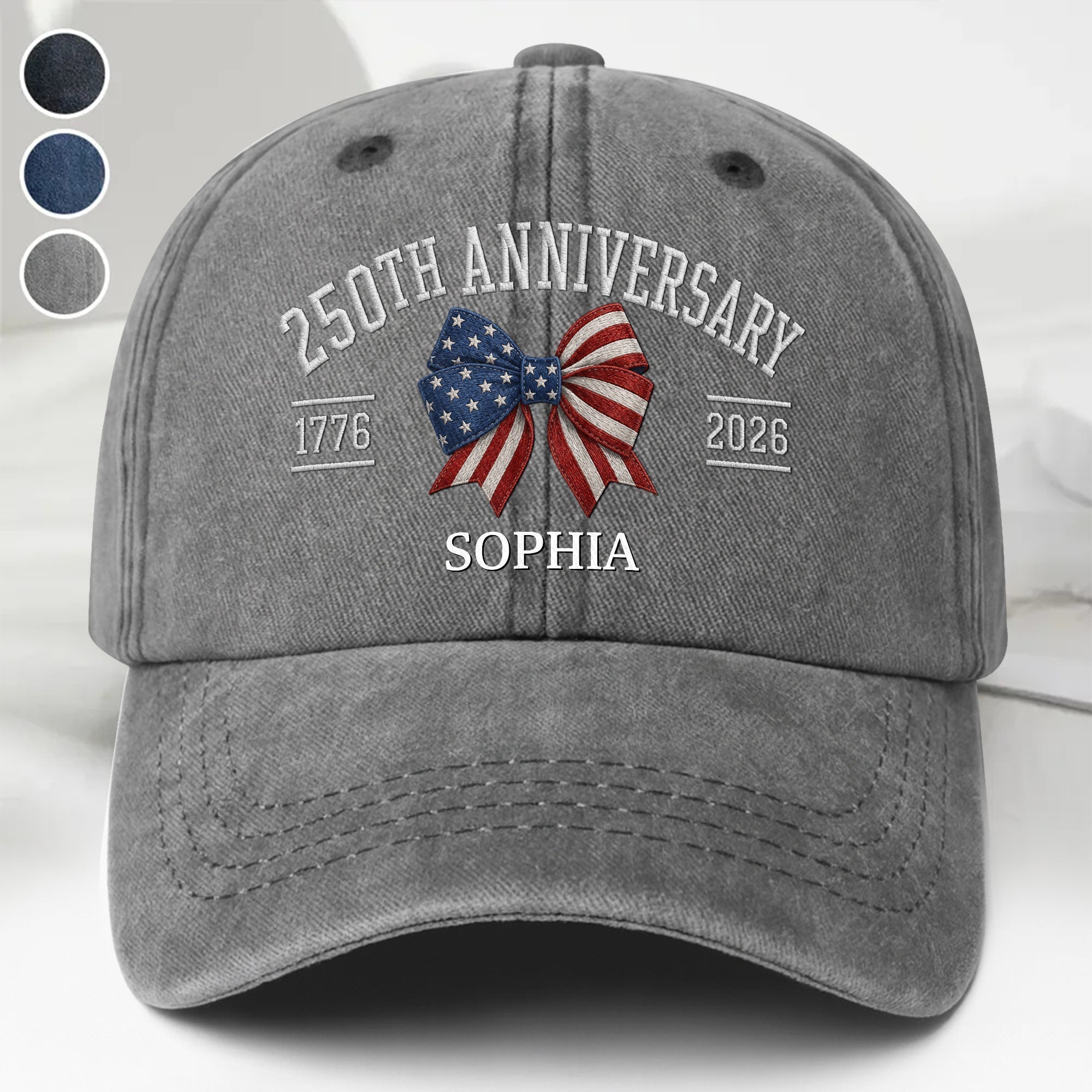Personalized American Flag Bow Washed Denim Cap for 4th of July Gift