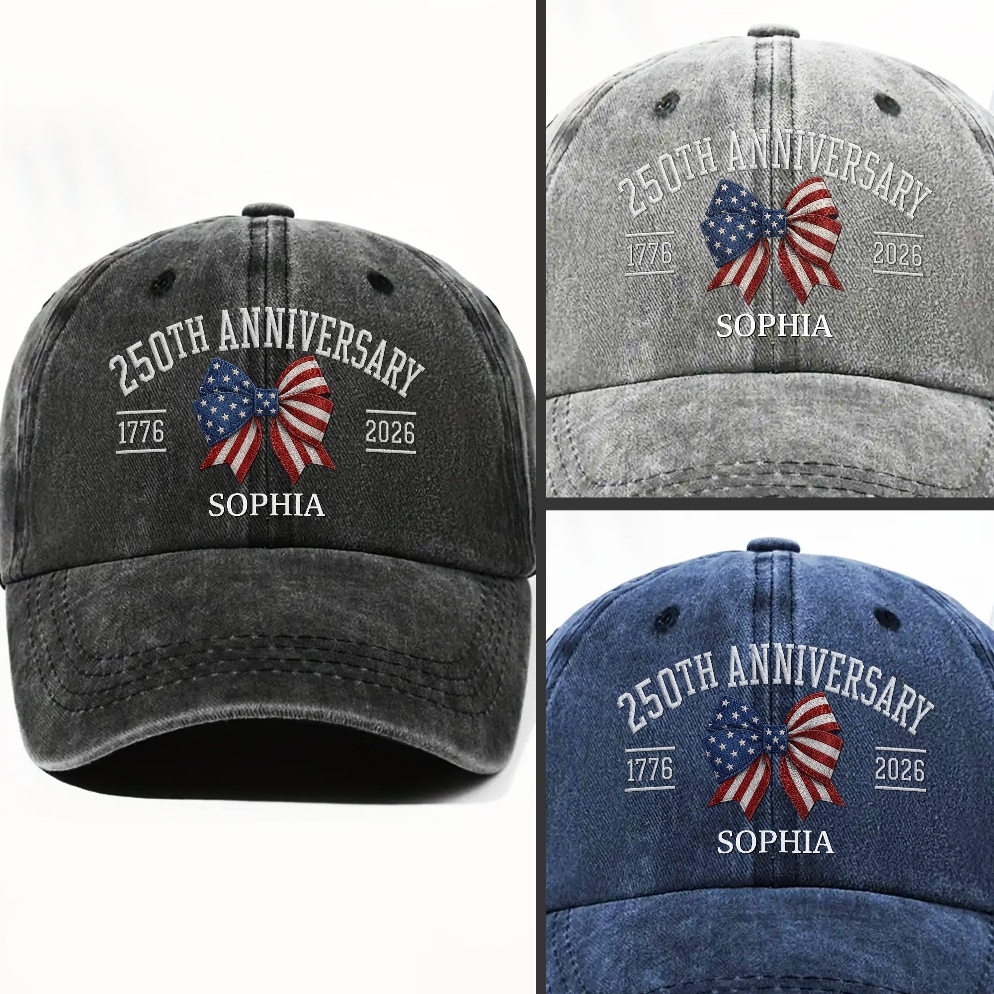 Personalized American Flag Bow Washed Denim Cap for 4th of July Gift