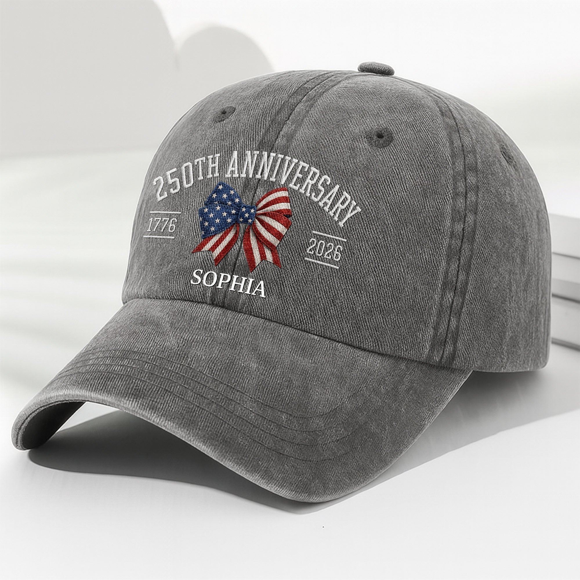 Personalized American Flag Bow Washed Denim Cap for 4th of July Gift