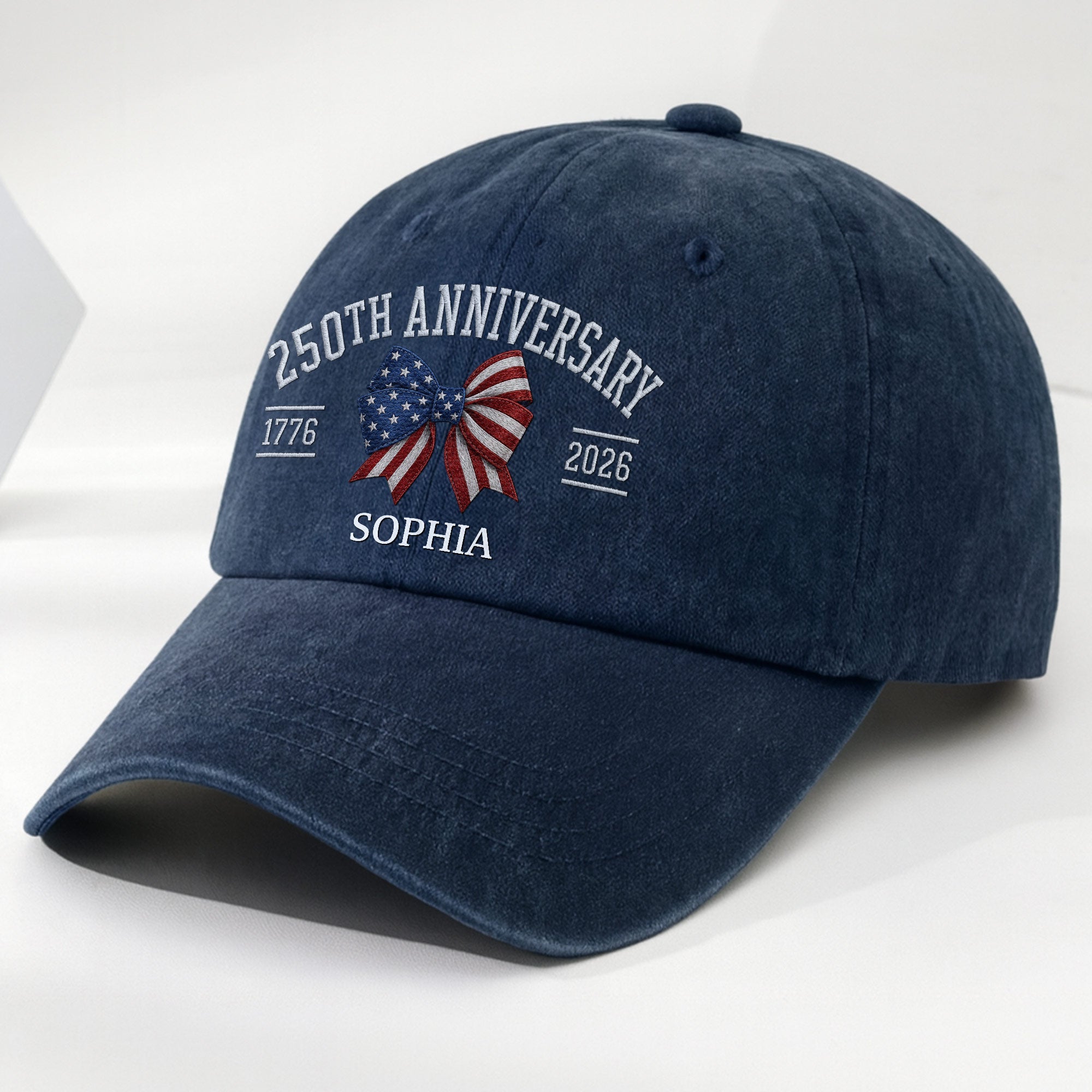 Personalized American Flag Bow Washed Denim Cap for 4th of July Gift