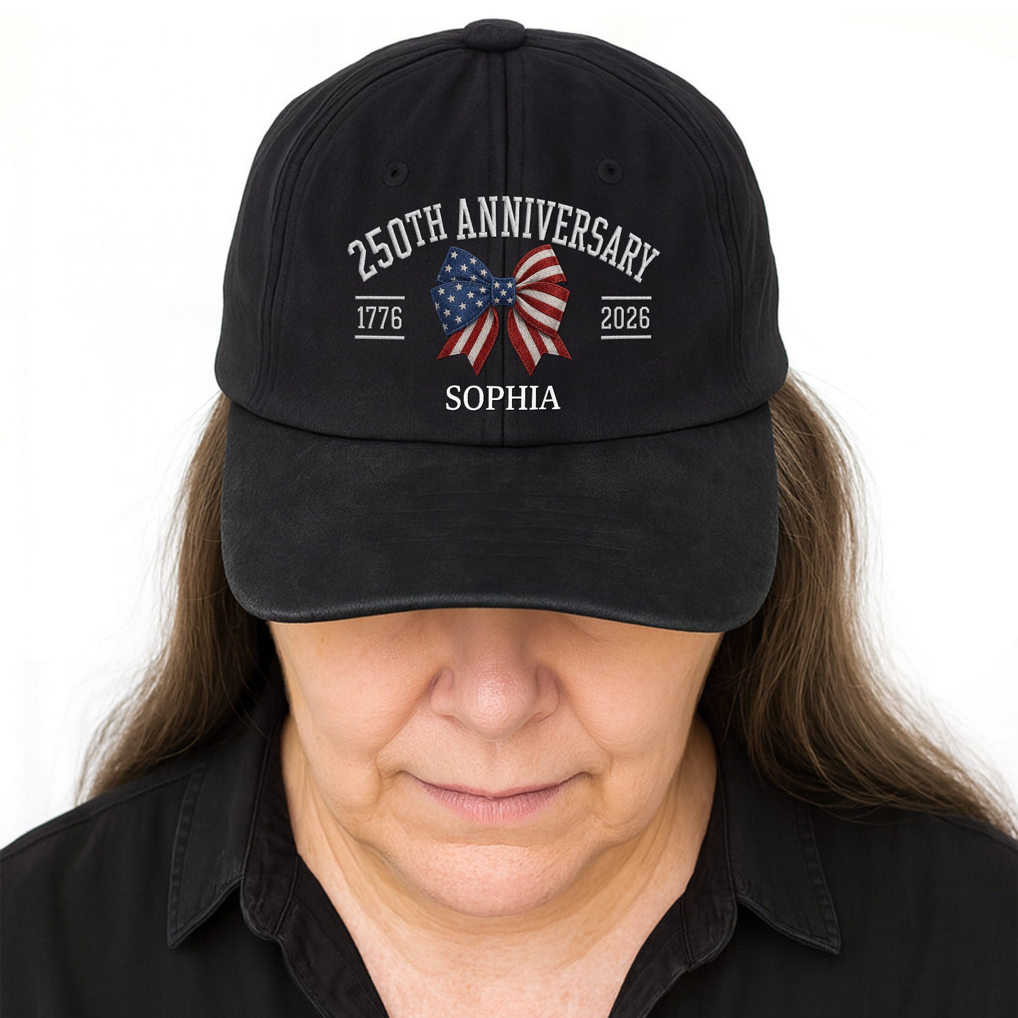 Personalized American Flag Bow Washed Denim Cap for 4th of July Gift