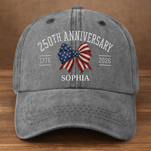 Load image into Gallery viewer, Personalized American Flag Bow Washed Denim Cap for 4th of July Gift
