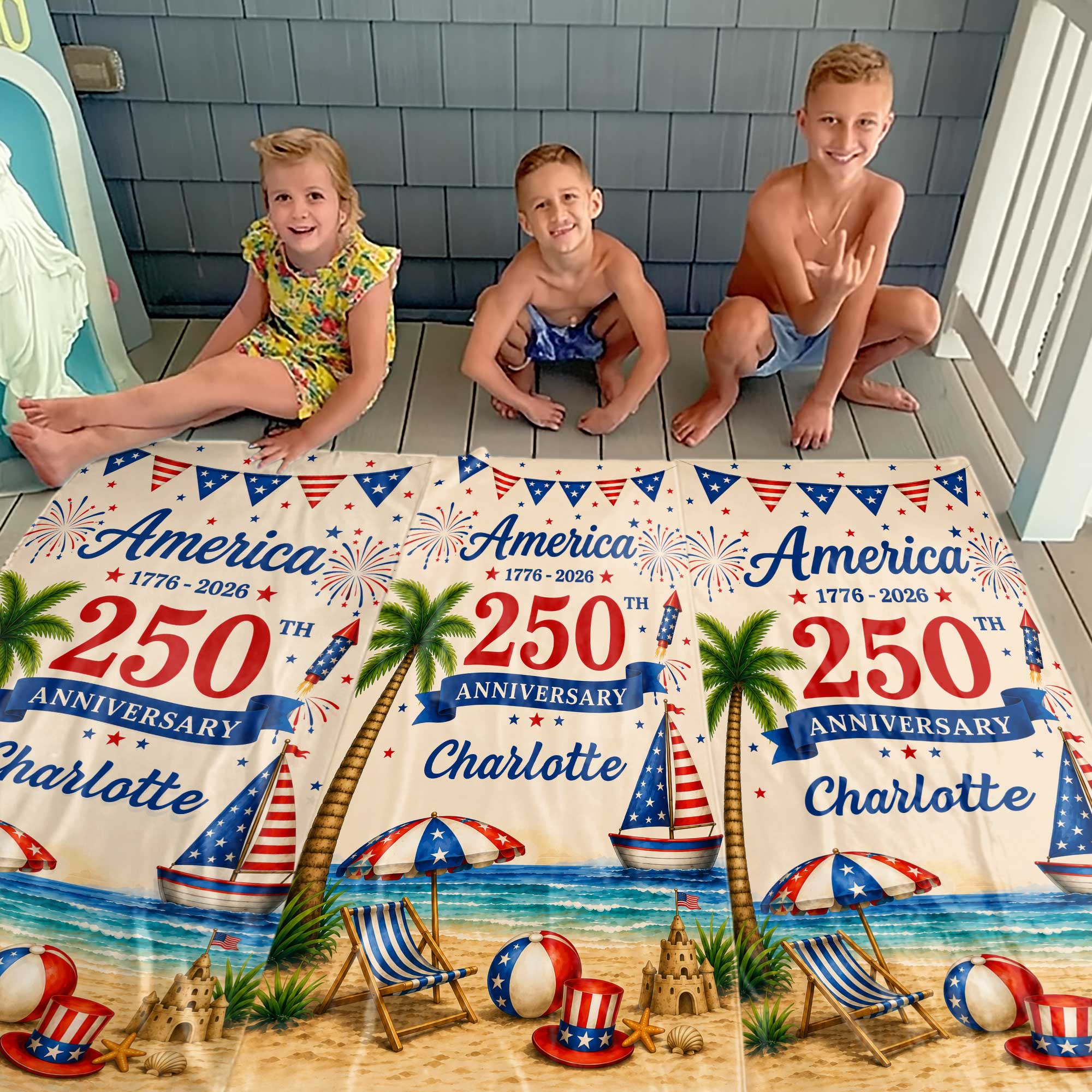 Personalized Beach Towel Custom Name Patriotic 4th of July Gift