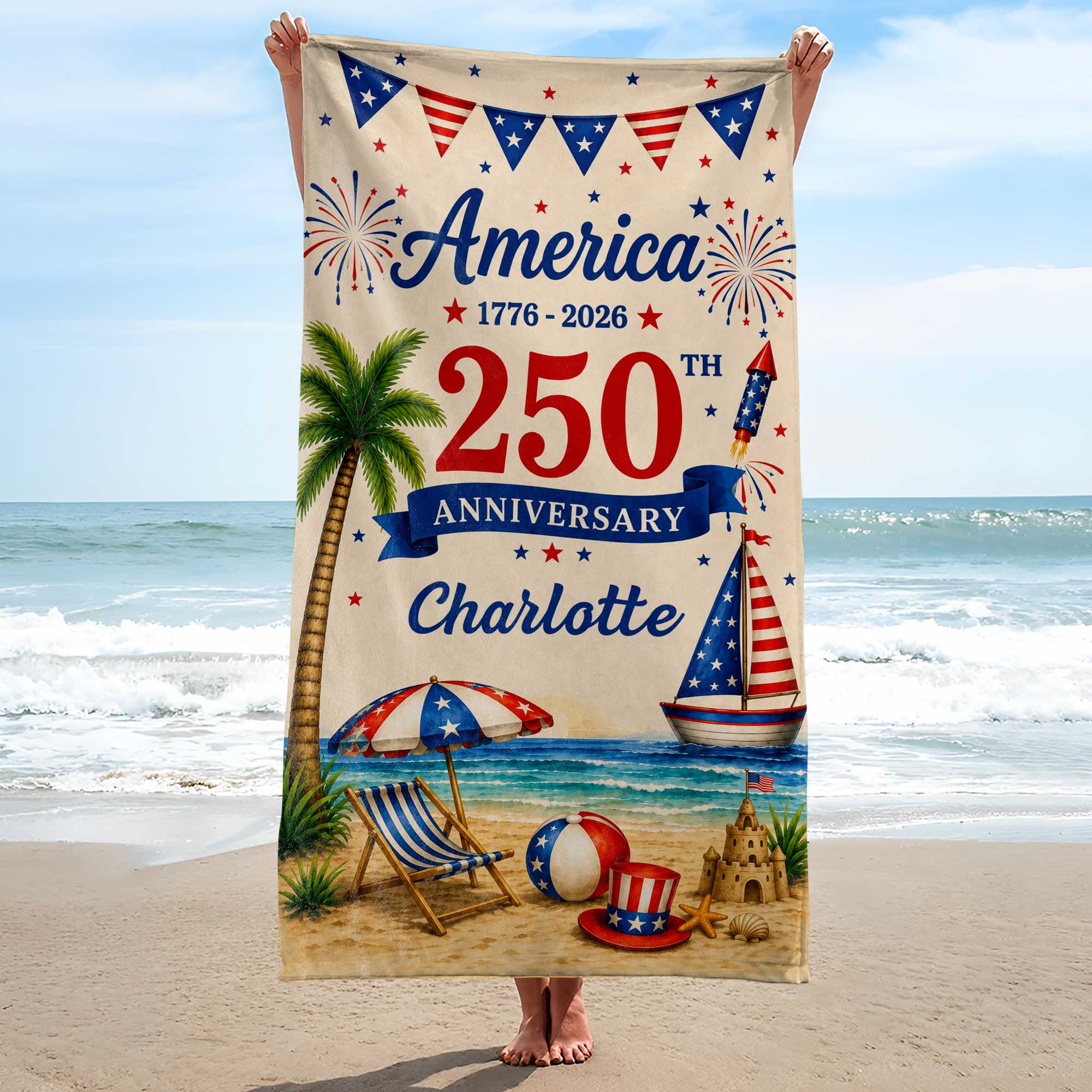 Personalized Beach Towel Custom Name Patriotic 4th of July Gift