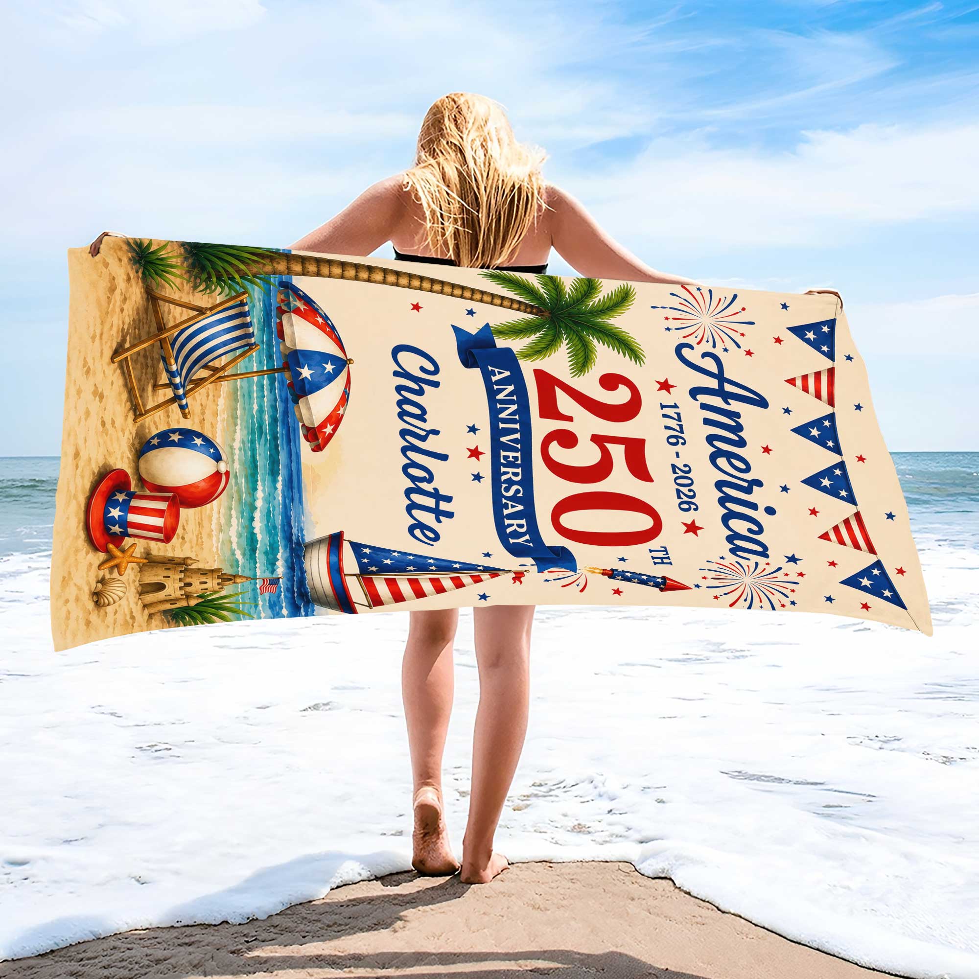 Personalized Beach Towel Custom Name Patriotic 4th of July Gift