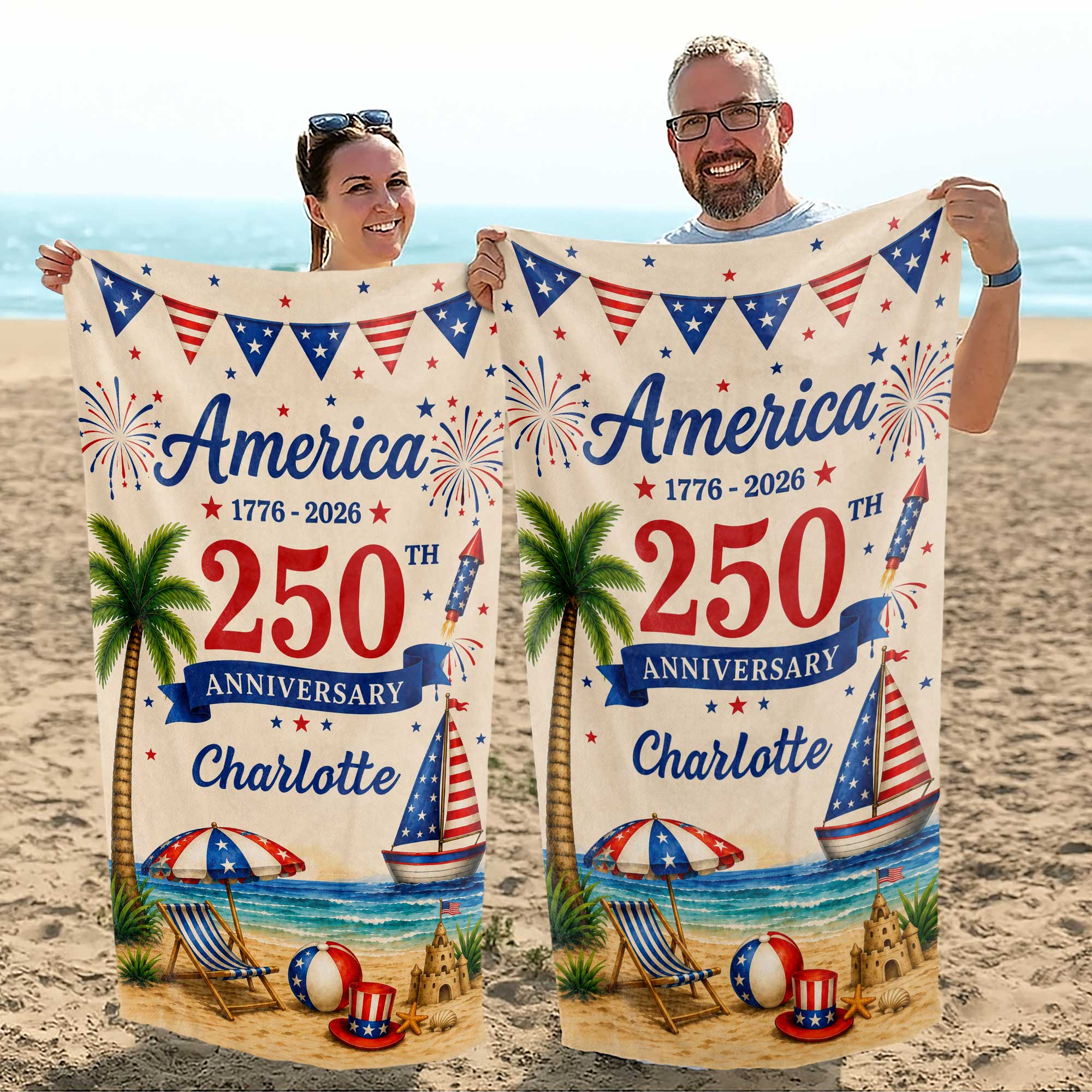 Personalized Beach Towel Custom Name Patriotic 4th of July Gift