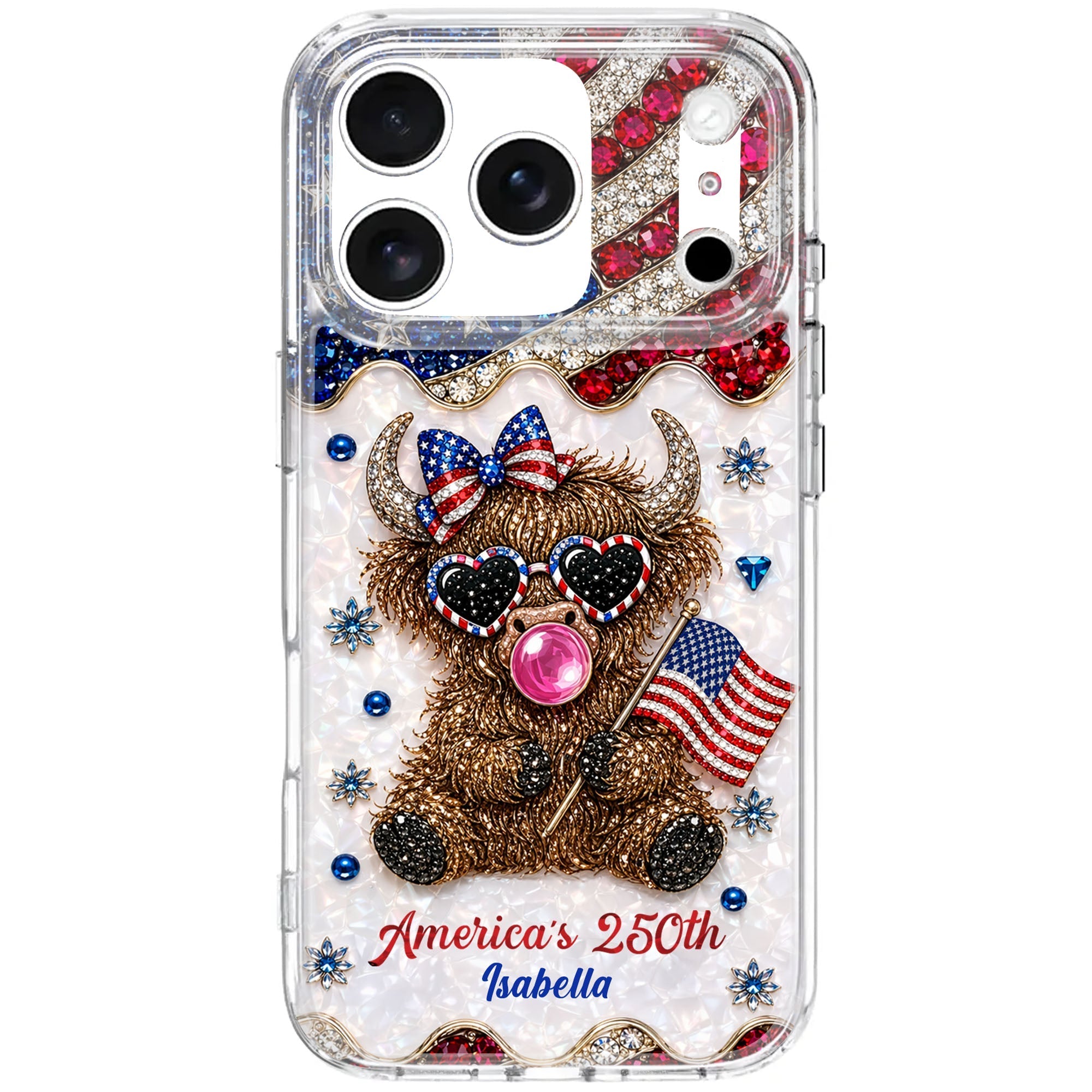 Personalized Clear Phone Case American Flag Highland Cow Gift