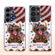 Load image into Gallery viewer, Personalized Clear Phone Case American Flag Highland Cow Gift
