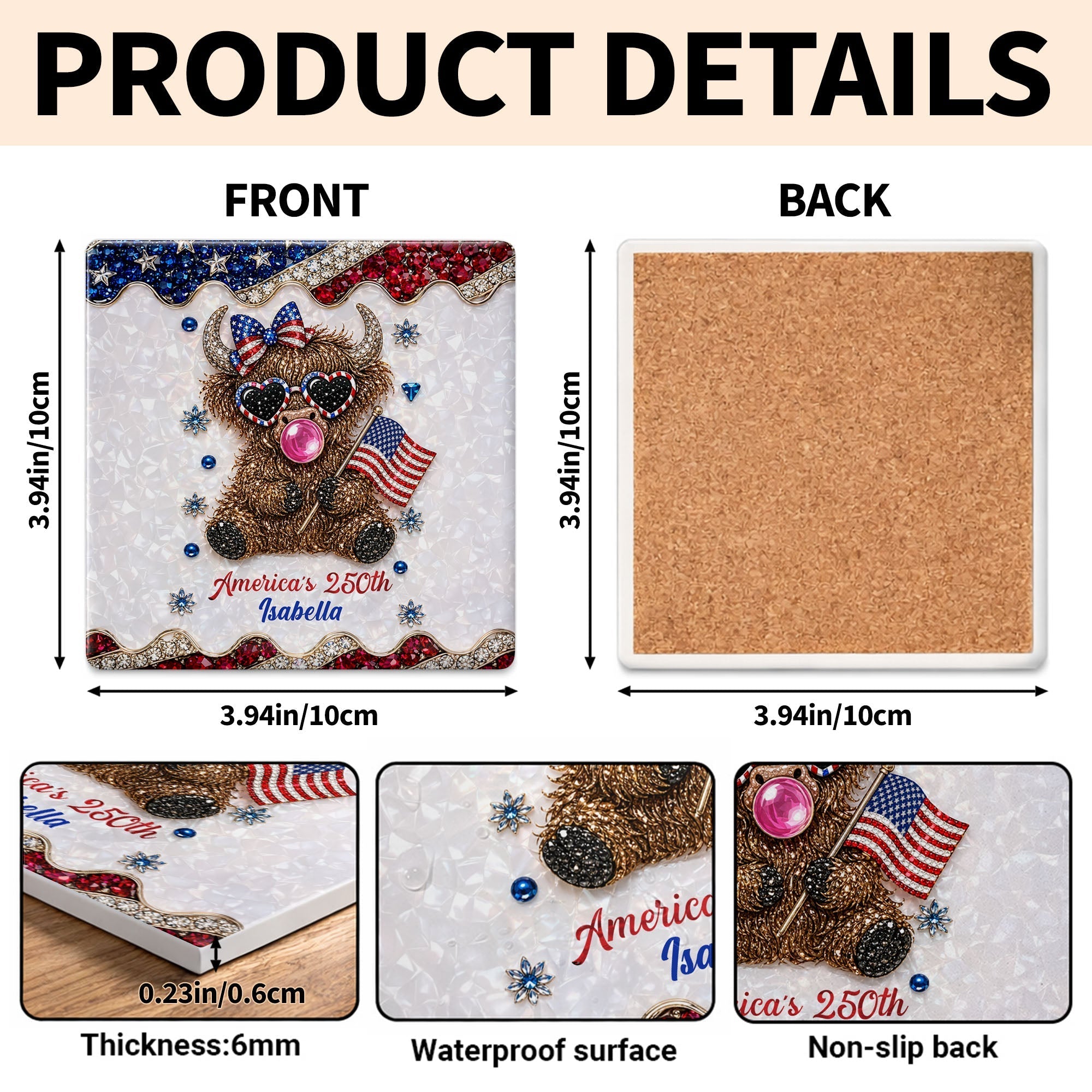Personalized Ceramic Coaster American Flag Gift for 4th of July