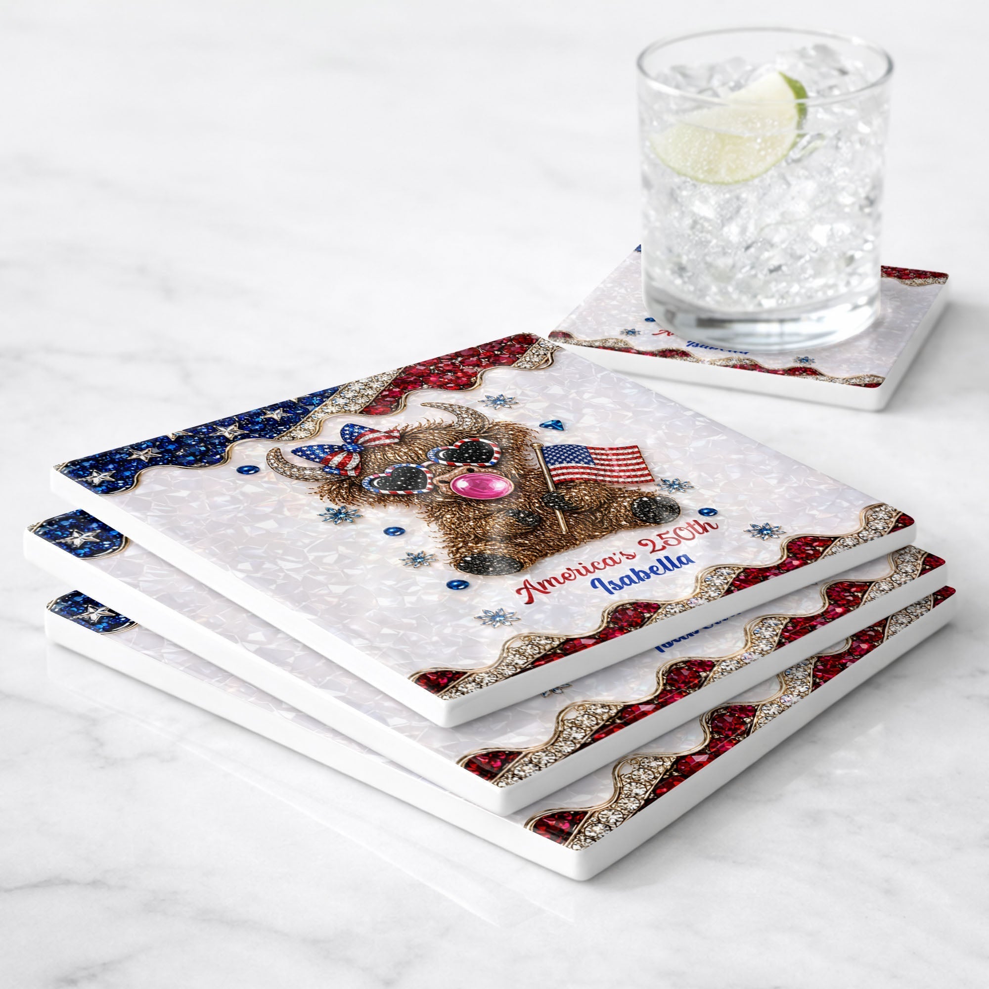 Personalized Ceramic Coaster American Flag Gift for 4th of July
