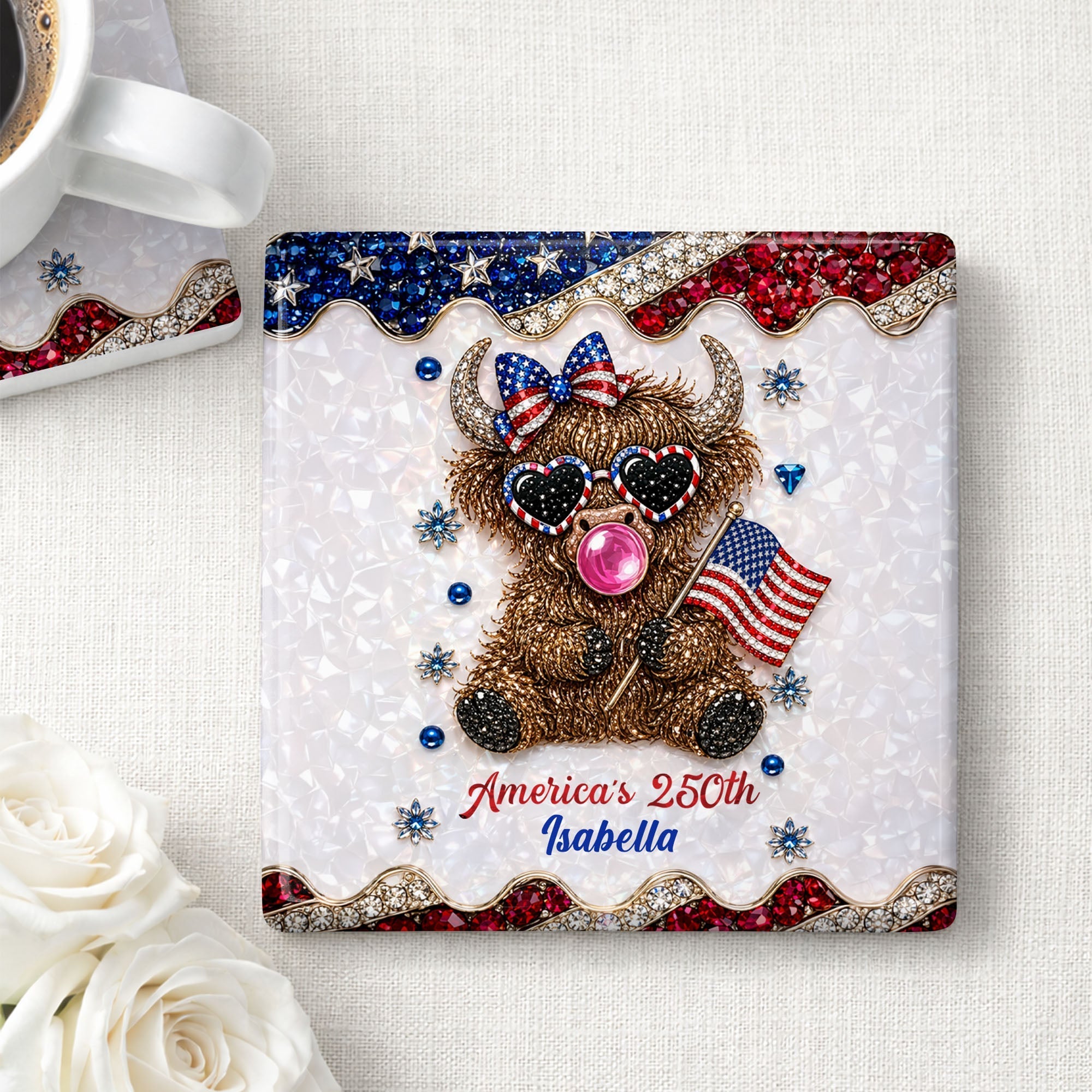 Personalized Ceramic Coaster American Flag Gift for 4th of July