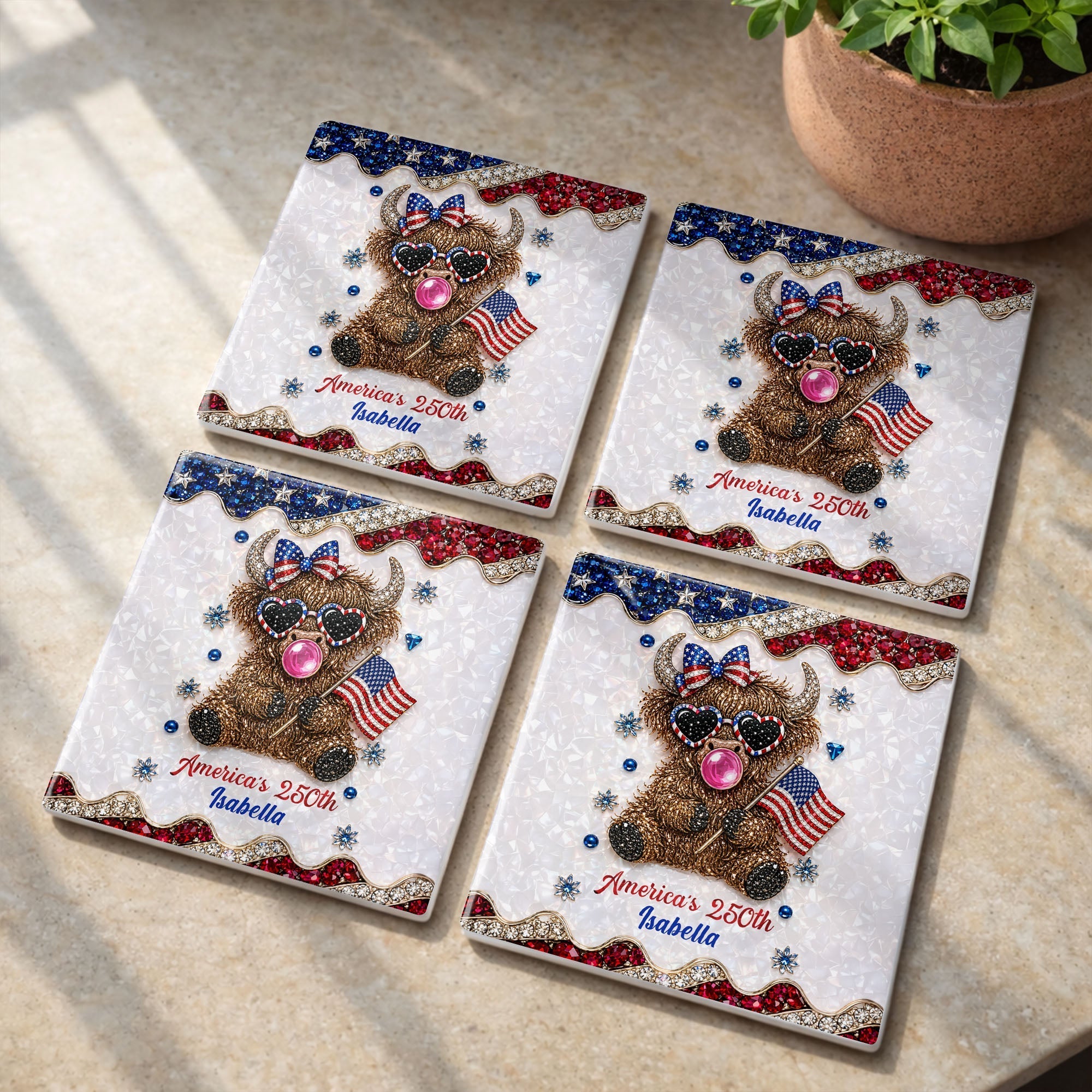Personalized Ceramic Coaster American Flag Gift for 4th of July