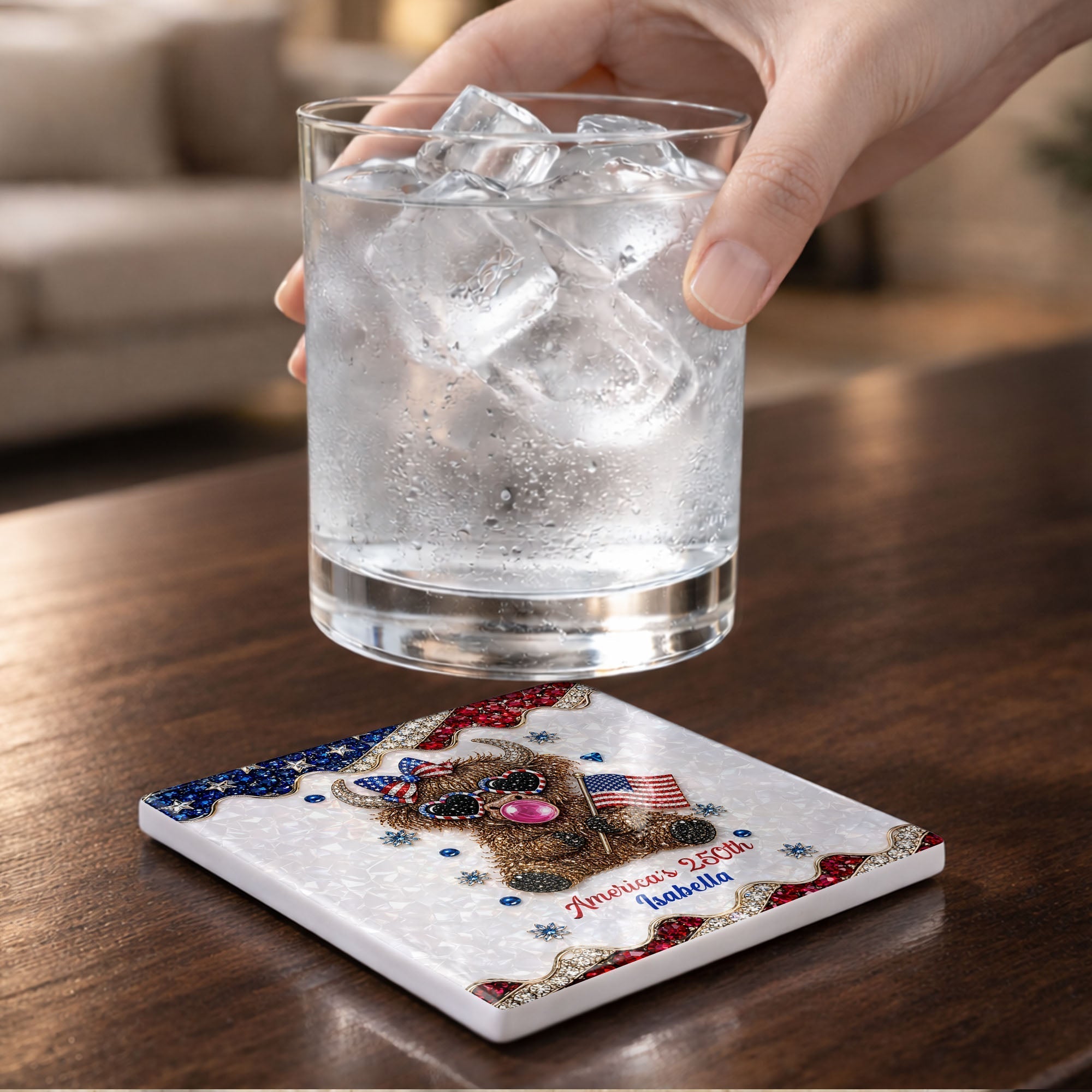 Personalized Ceramic Coaster American Flag Gift for 4th of July