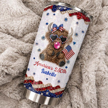 Load image into Gallery viewer, Personalized Highland Cow Tumbler with American Flag 4th of July Gift
