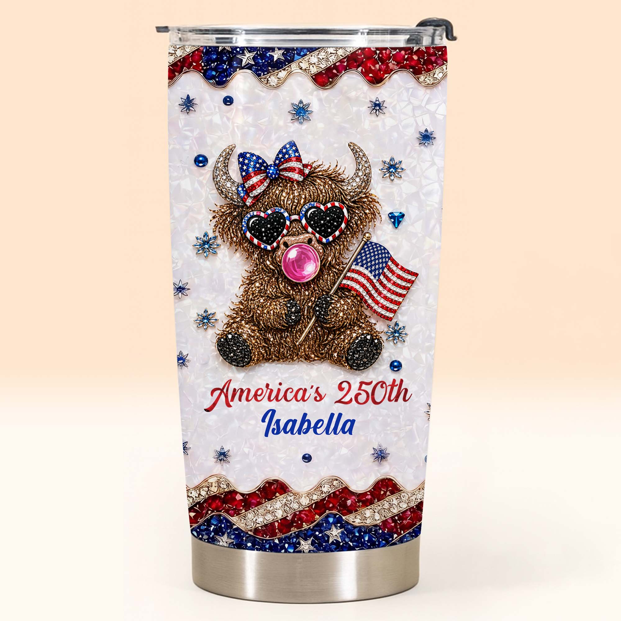 Personalized Highland Cow Tumbler with American Flag 4th of July Gift