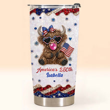 Load image into Gallery viewer, Personalized Highland Cow Tumbler with American Flag 4th of July Gift
