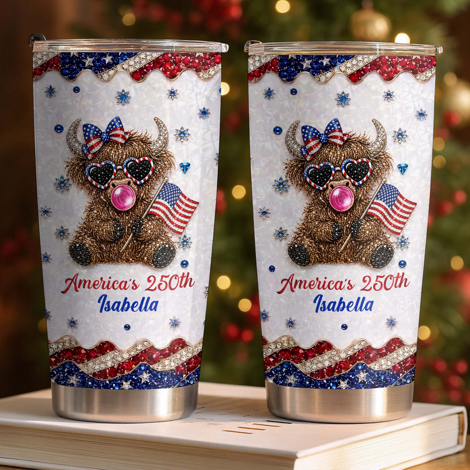 Personalized Highland Cow Tumbler with American Flag 4th of July Gift