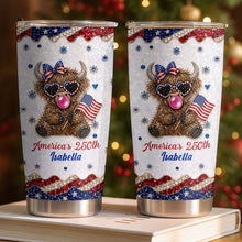 Load image into Gallery viewer, Personalized Highland Cow Tumbler with American Flag 4th of July Gift
